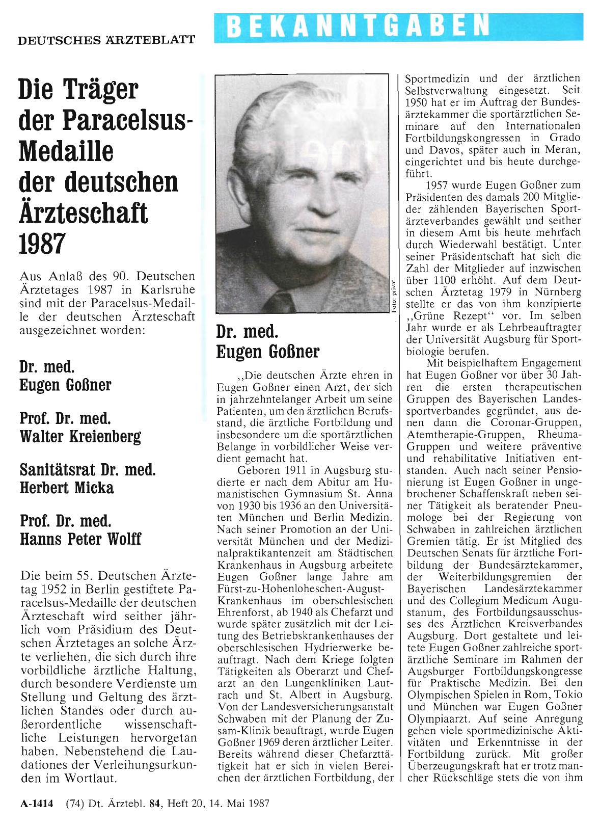 Vorschauseite 1: Die Träger der Paracelsus-Medaille der deutschen Ärzteschaft 1987