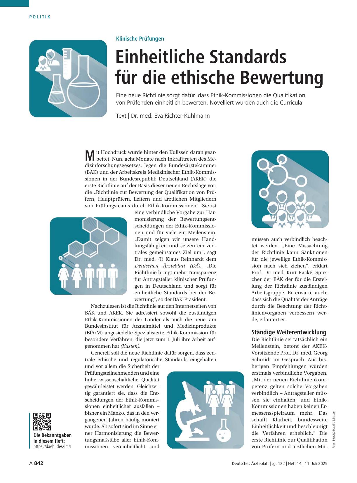 Vorschauseite 1: Klinische Prüfungen: Einheitliche Standards für die ethische Bewertung