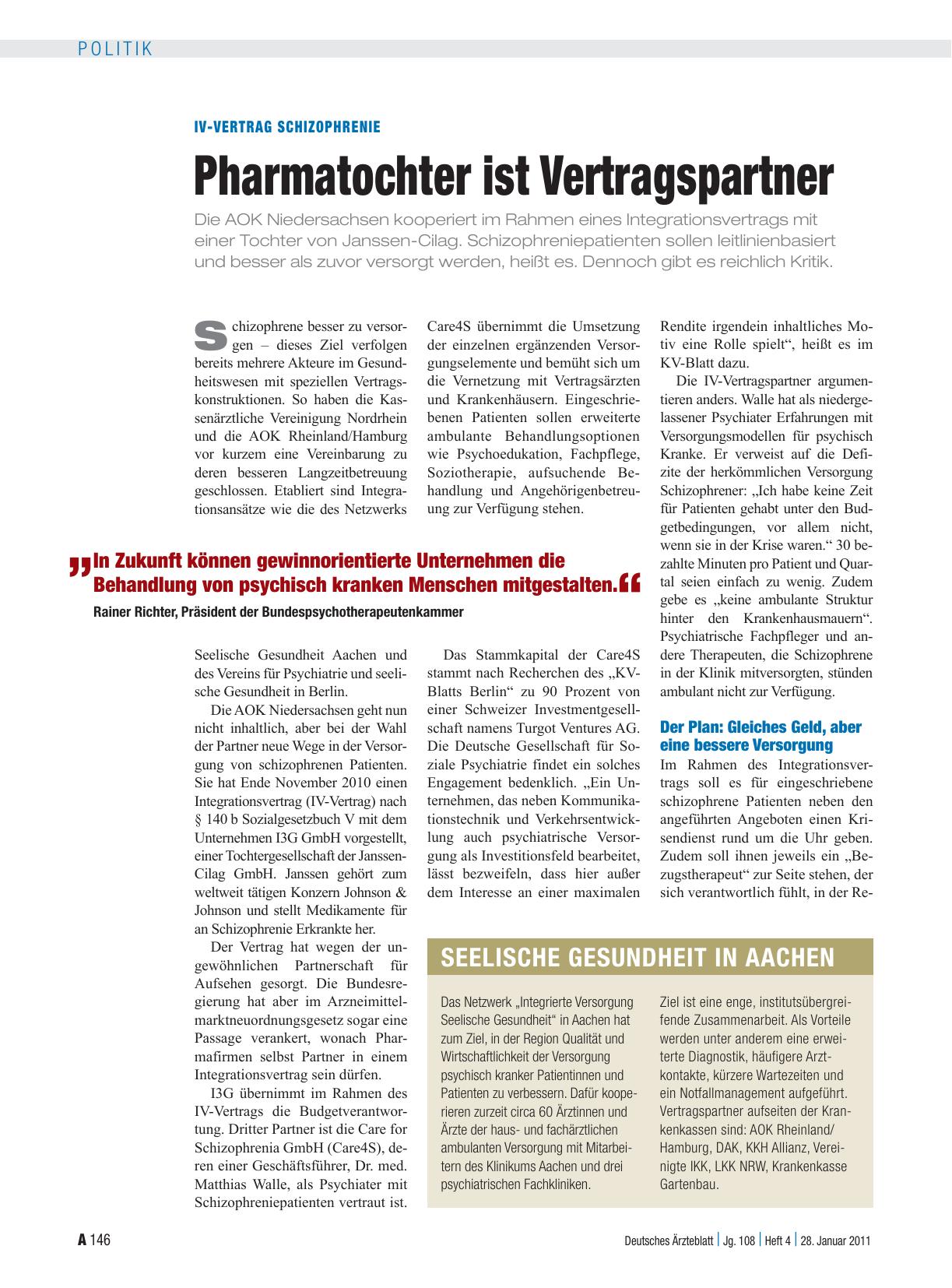 Vorschauseite 1: IV-Vertrag Schizophrenie: Pharmatochter ist Vertragspartner