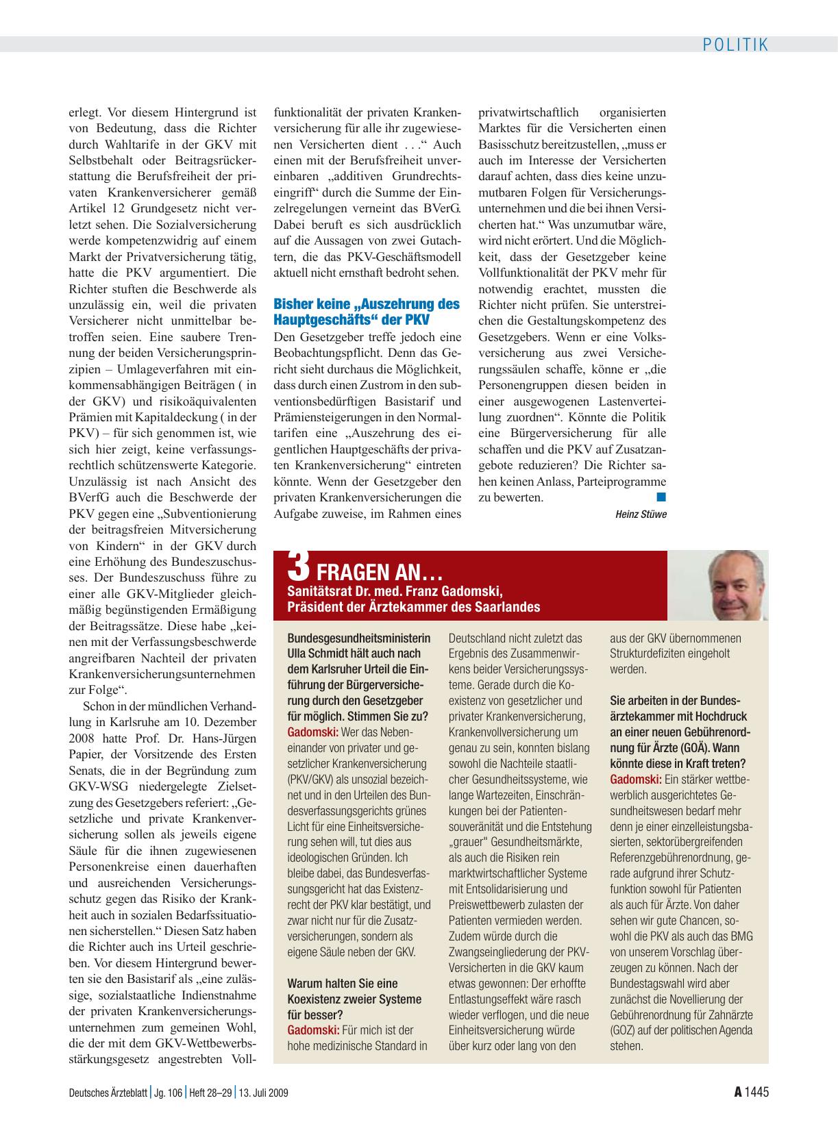 Vorschauseite 1: 3 Fragen an… Sanitätsrat Dr. med. Franz Gadomski, Präsident der Ärztekammer des Saarlandes