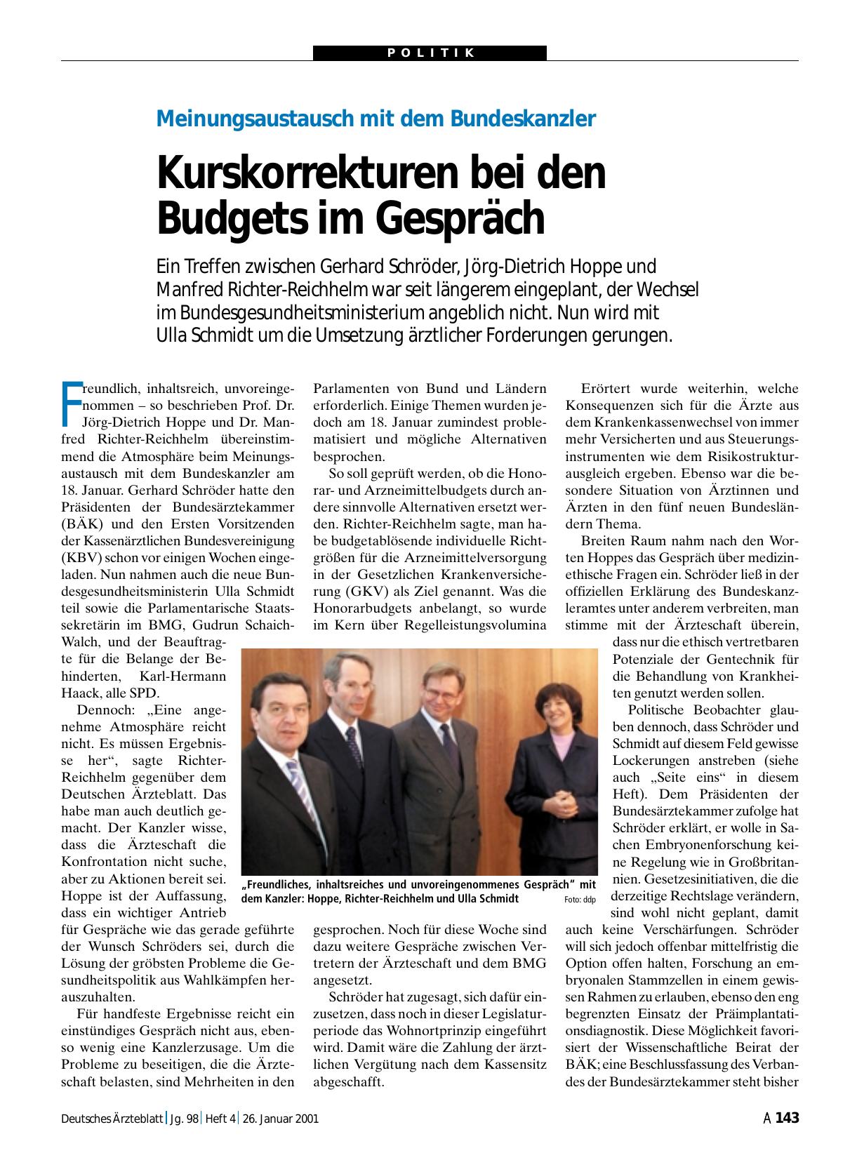 Vorschauseite 1: Meinungsaustausch mit dem Bundeskanzler: Kurskorrekturen bei den Budgets im Gespräch