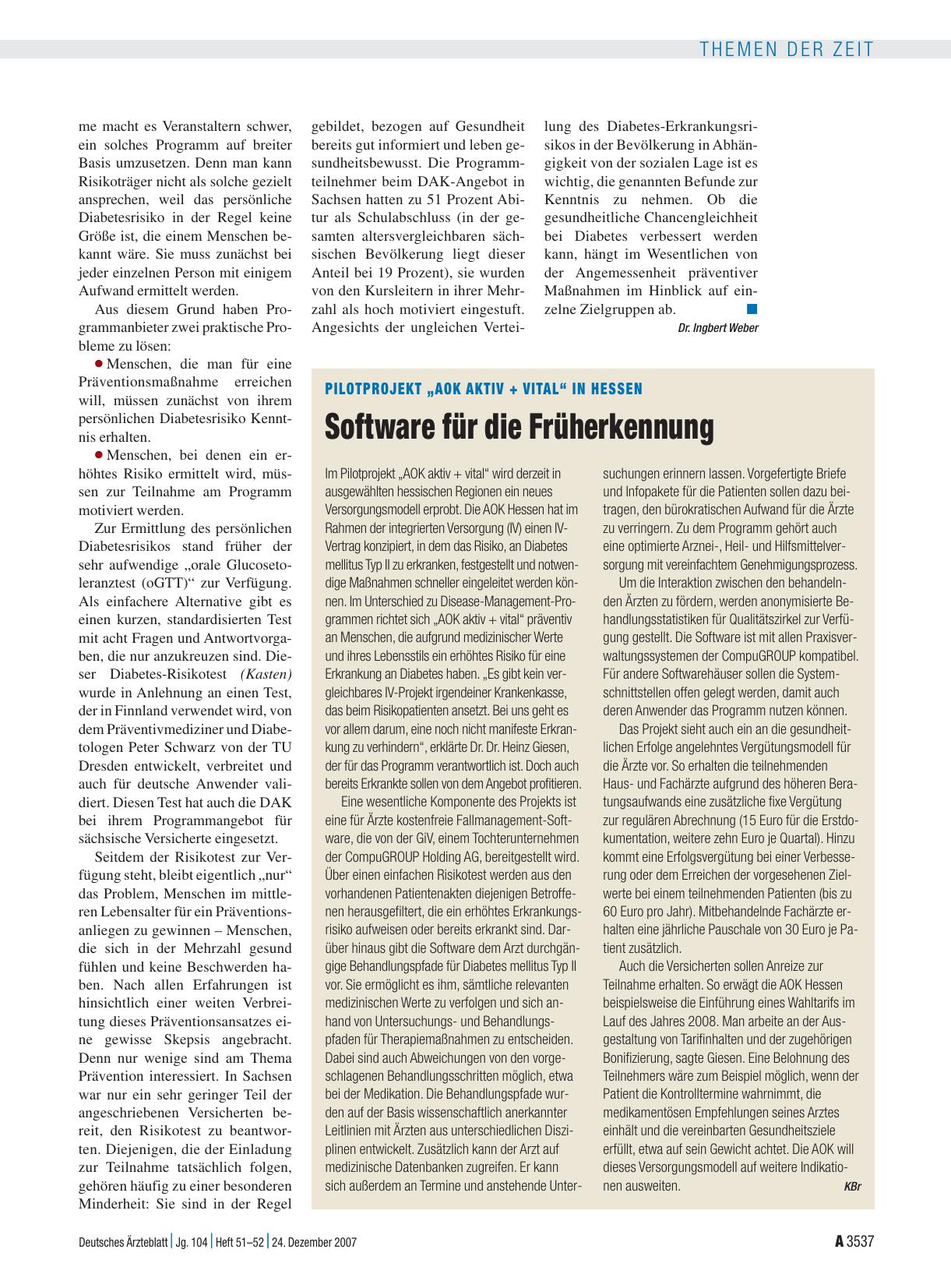 Vorschauseite 1: Pilotprojekt „AOK aktiv + vital“ in Hessen: Software für die Früherkennung