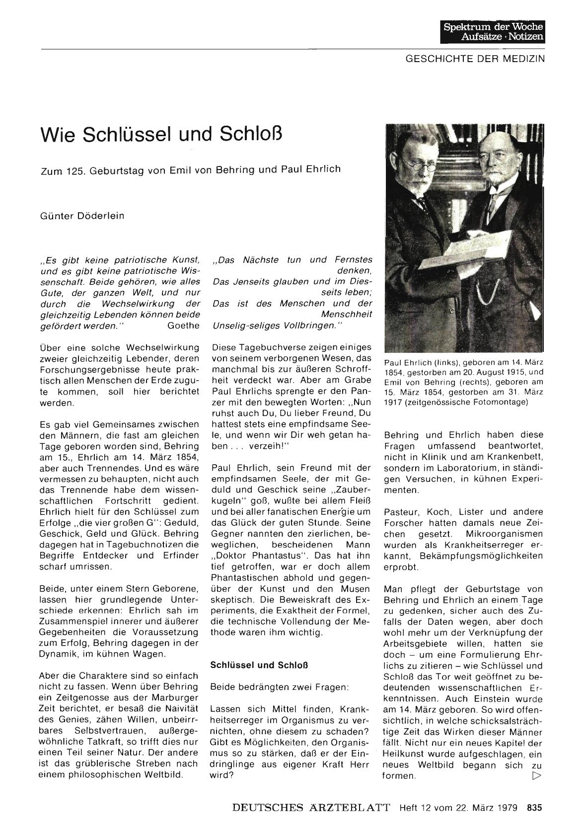 Vorschauseite 1: Wie Schlüssel und Schloß: Zum 125. Geburtstag von Emil von Behring und Paul Ehrlich