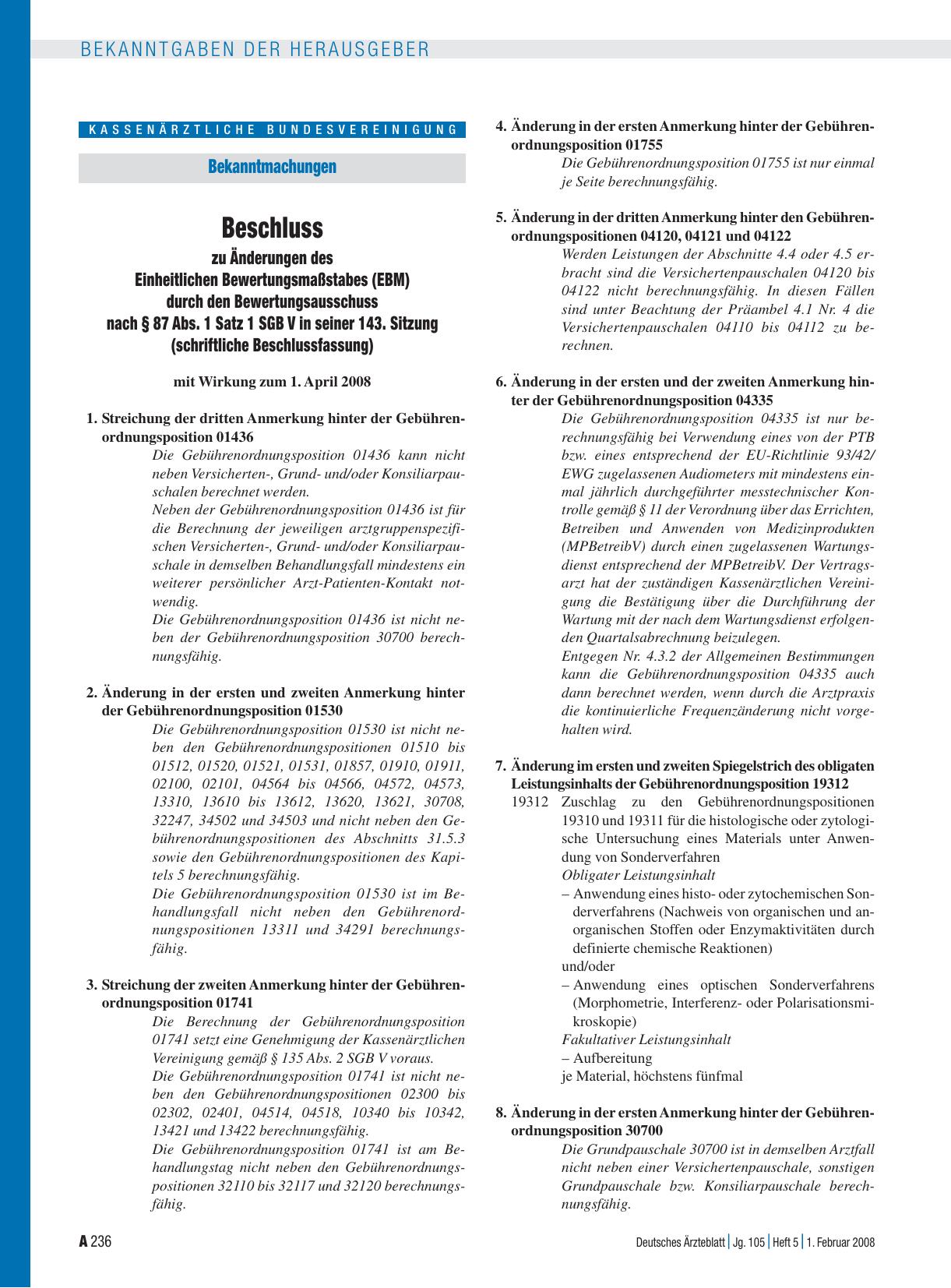 Vorschauseite 1: Beschluss: zu Änderungen des Einheitlichen Bewertungsmaßstabes (EBM) durch den Bewertungsausschuss nach § 87 Abs. 1 Satz 1 SGB V in seiner 143. Sitzung (schriftliche Beschlussfass…