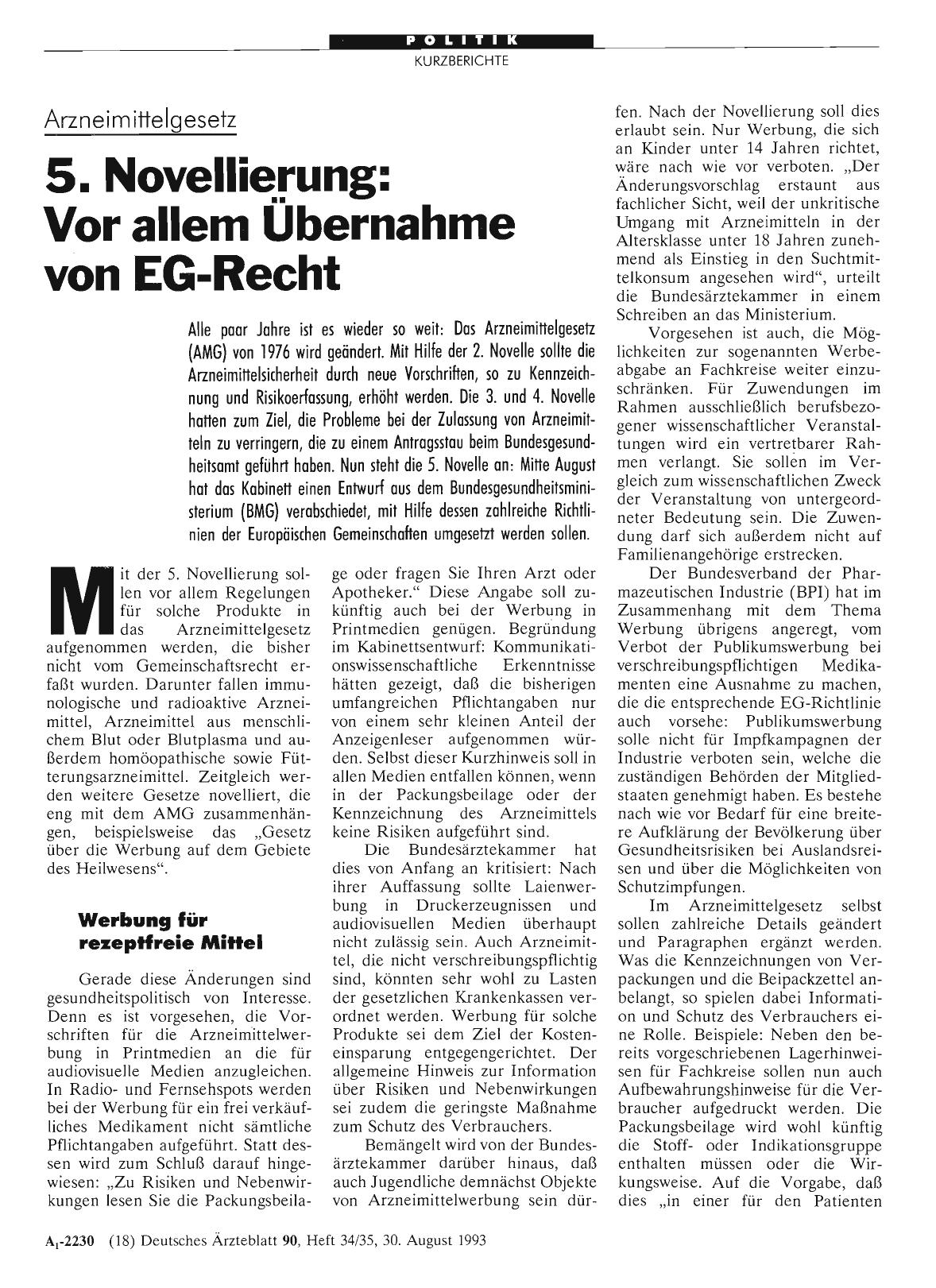 Vorschauseite 1: Arzneimittelgesetz: 5. Novellierung: Vor allem Übernahme von EG-Recht