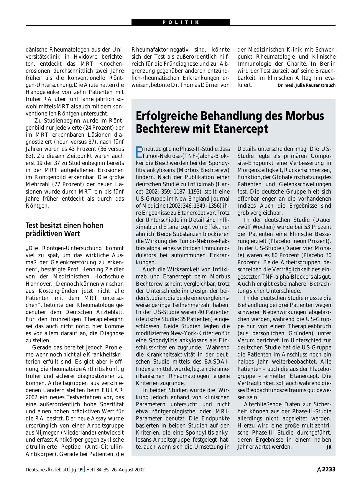 Vorschauseite 1: Erfolgreiche Behandlung des Morbus Bechterew mit Etanercept