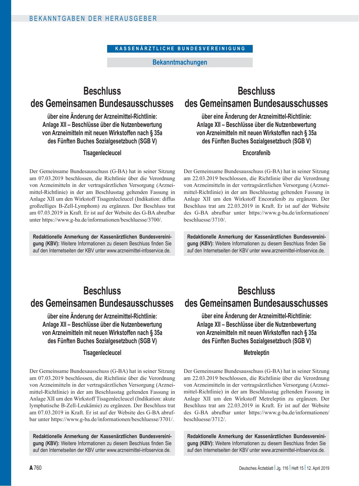 Vorschauseite 1: Beschluss des Gemeinsamen Bundesausschusses über eine Änderung der Arzneimittel-Richtlinie: Anlage XII – Tisagenlecleucel