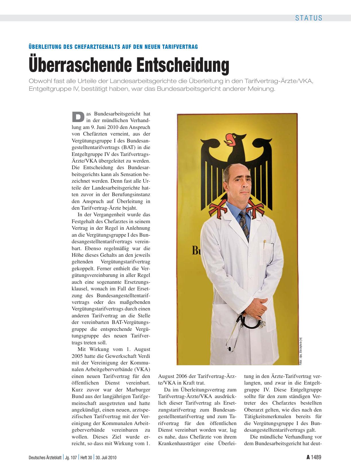 Vorschauseite 1: Überleitung des Chefarztgehalts auf den neuen Tarifvertrag: Überraschende Entscheidung