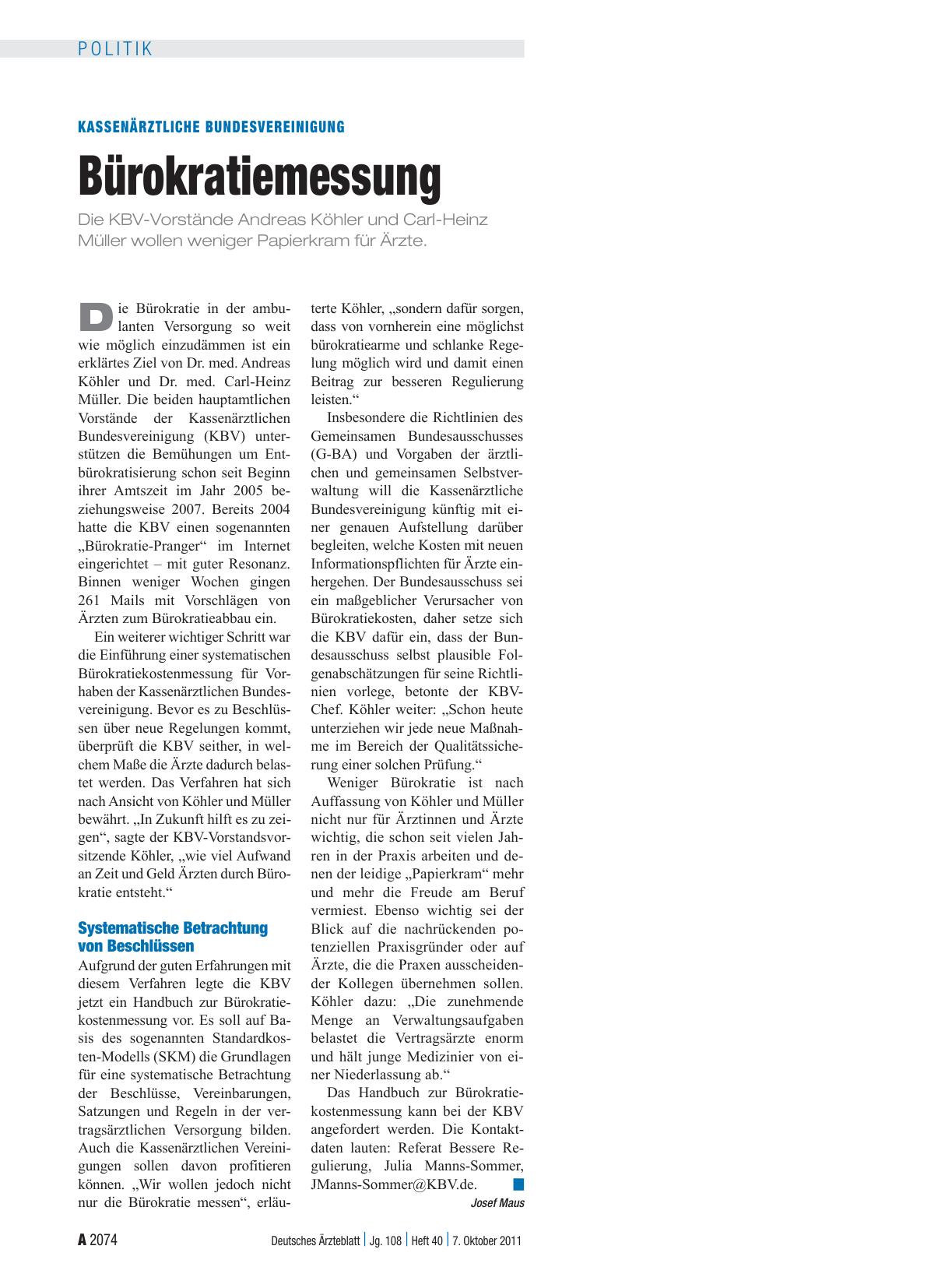 Vorschauseite 1: Kassenärztliche Bundesvereinigung: Bürokratiemessung