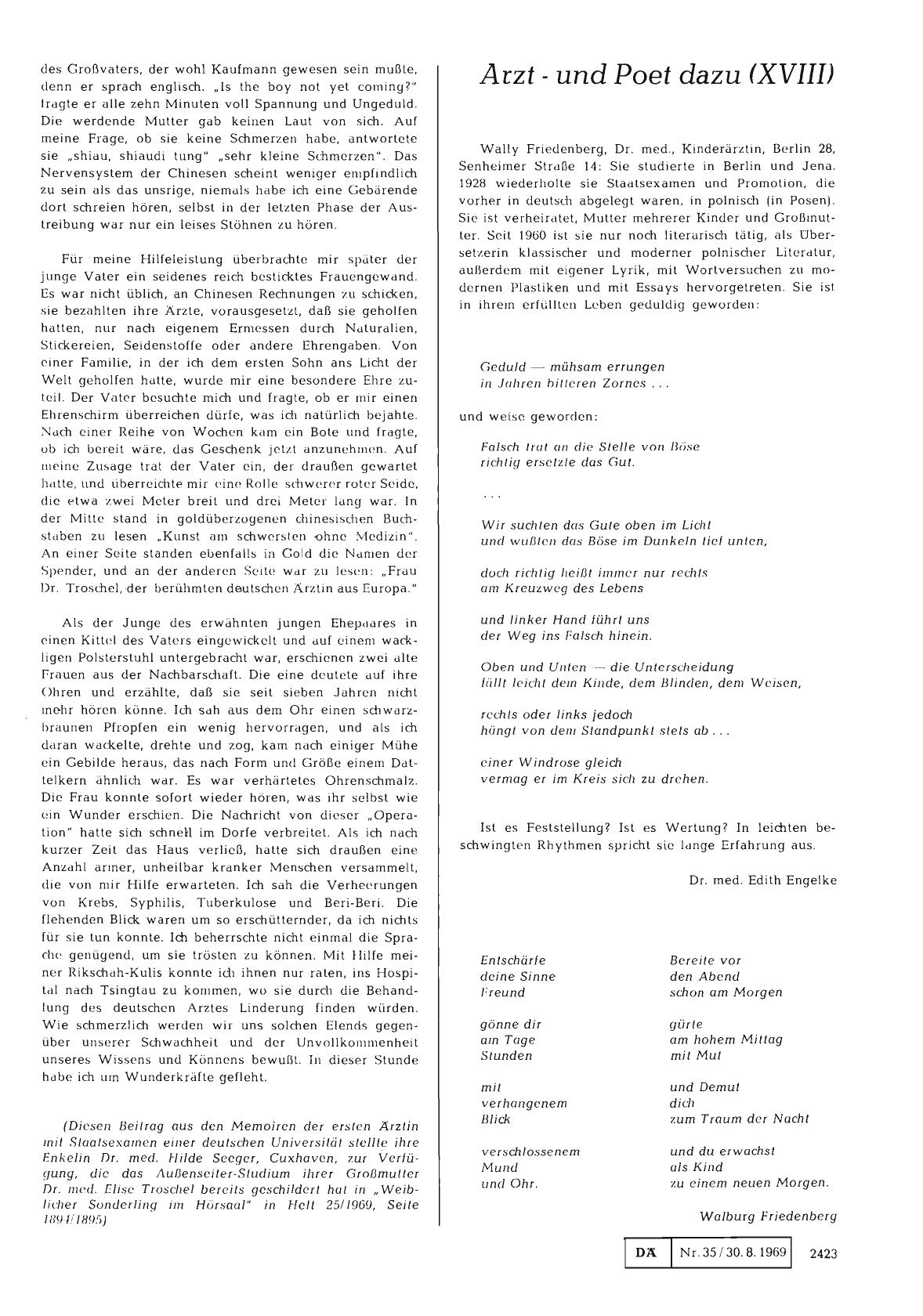 Vorschauseite 1: Arzt - und Poet dazu (XVIII): Dr. med. Wally Friedenberg