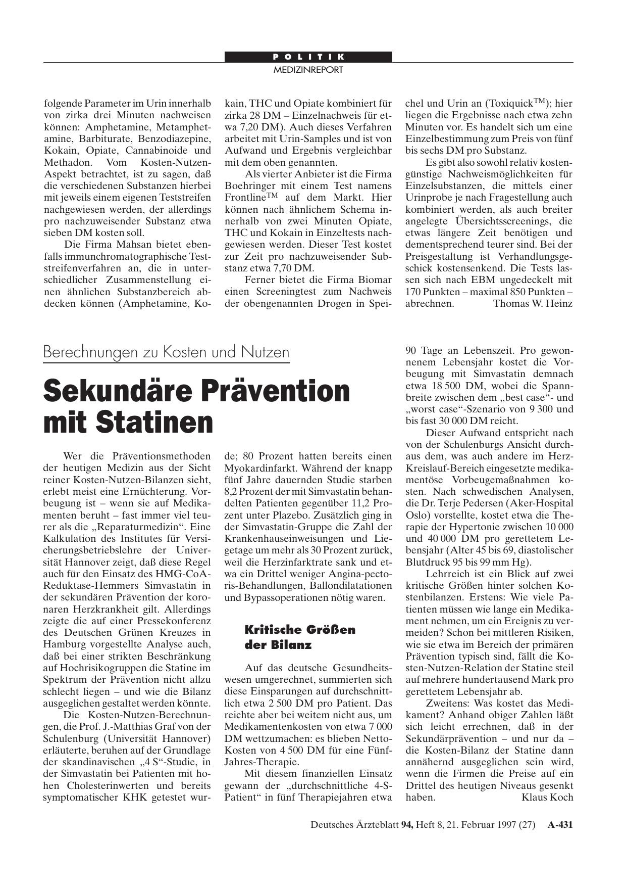 Vorschauseite 1: Berechnungen zu Kosten und Nutzen: Sekundäre Prävention mit Statinen