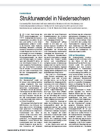 Vorschauseite 1: Krankenhäuser: Strukturwandel in Niedersachsen