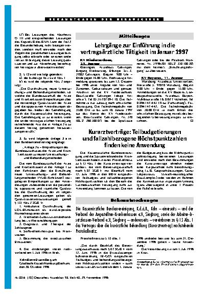 Vorschauseite 1: Mitteilungen: Lehrgänge zur Einführung in die vertragsärztliche Tätigkeit im Januar 1997