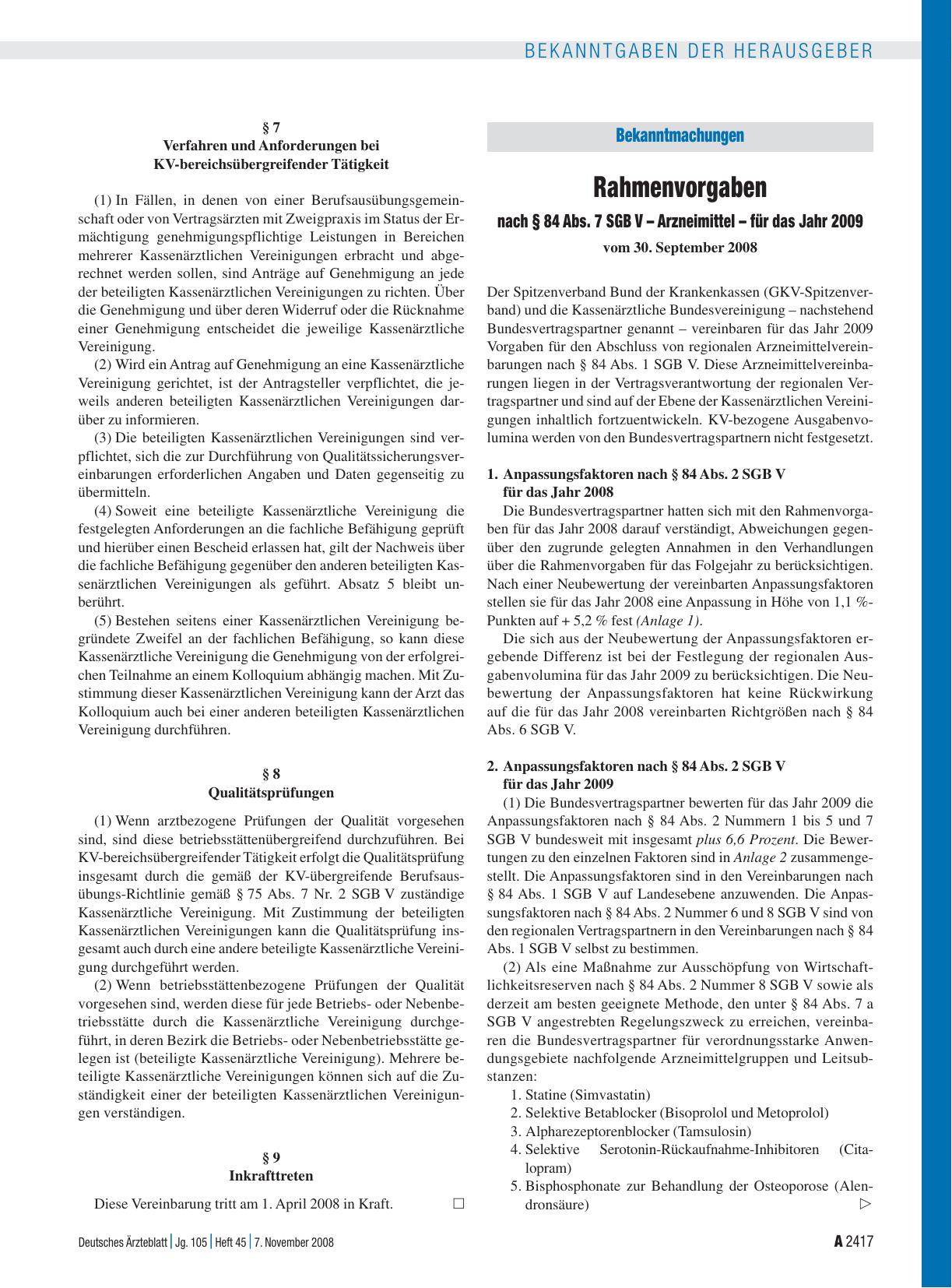 Vorschauseite 1: Bekanntmachungen: Rahmenvorgaben nach § 84 Abs. 7 SGB V – Arzneimittel – für das Jahr 2009 vom 30. September 2008