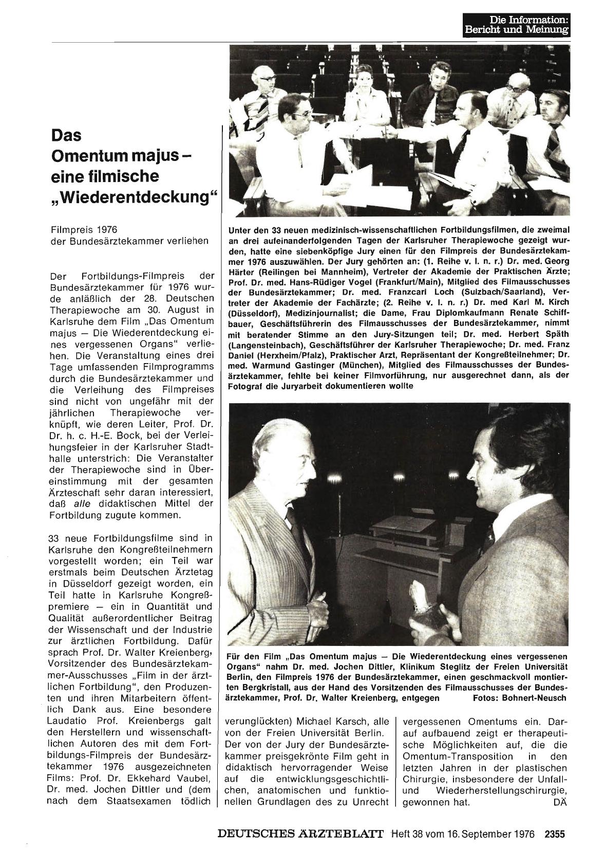 Vorschauseite 1: Das Omentum majuseine filmische „Wiederentdeckung“: Filmpreis 1976 der Bundesärztekammer verliehen