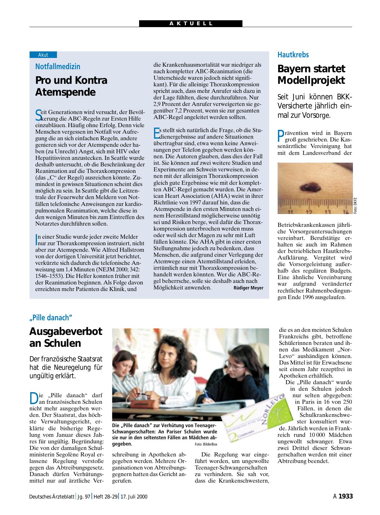 Vorschauseite 1: „Pille danach“: Ausgabeverbot an Schulen