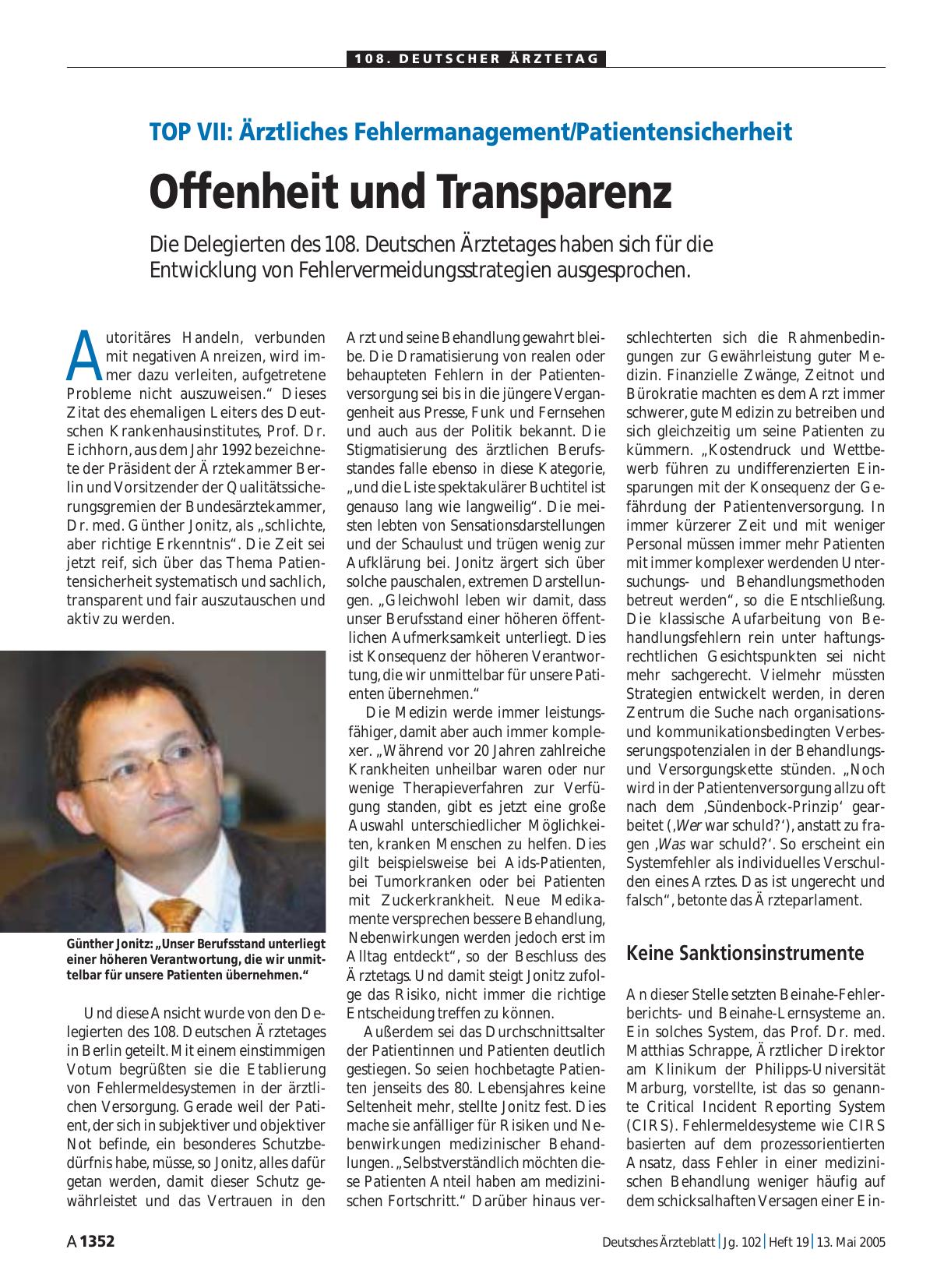 Vorschauseite 1: Top VII - Ärztliches Fehlermanagement/Patientensicherheit: Offenheit und Transparenz