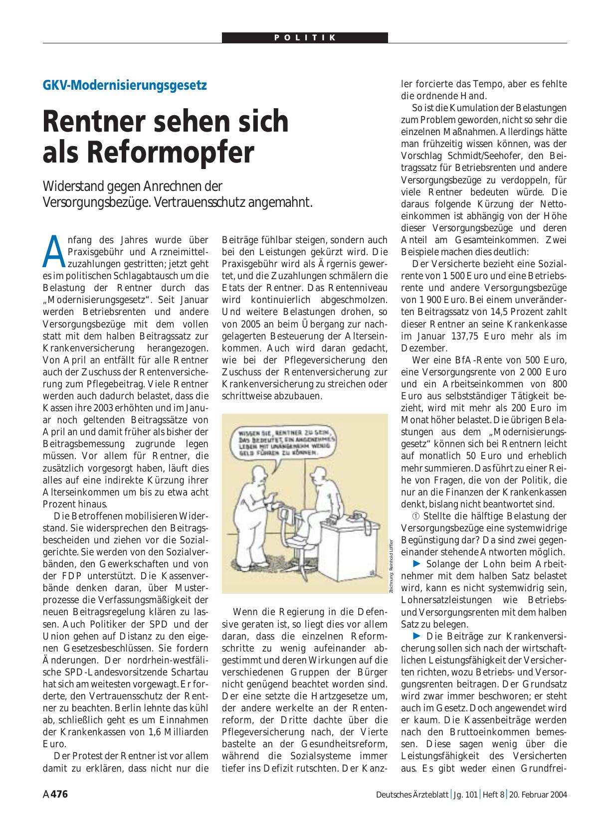 Vorschauseite 1: GKV-Modernisierungsgesetz: Rentner sehen sich als Reformopfer