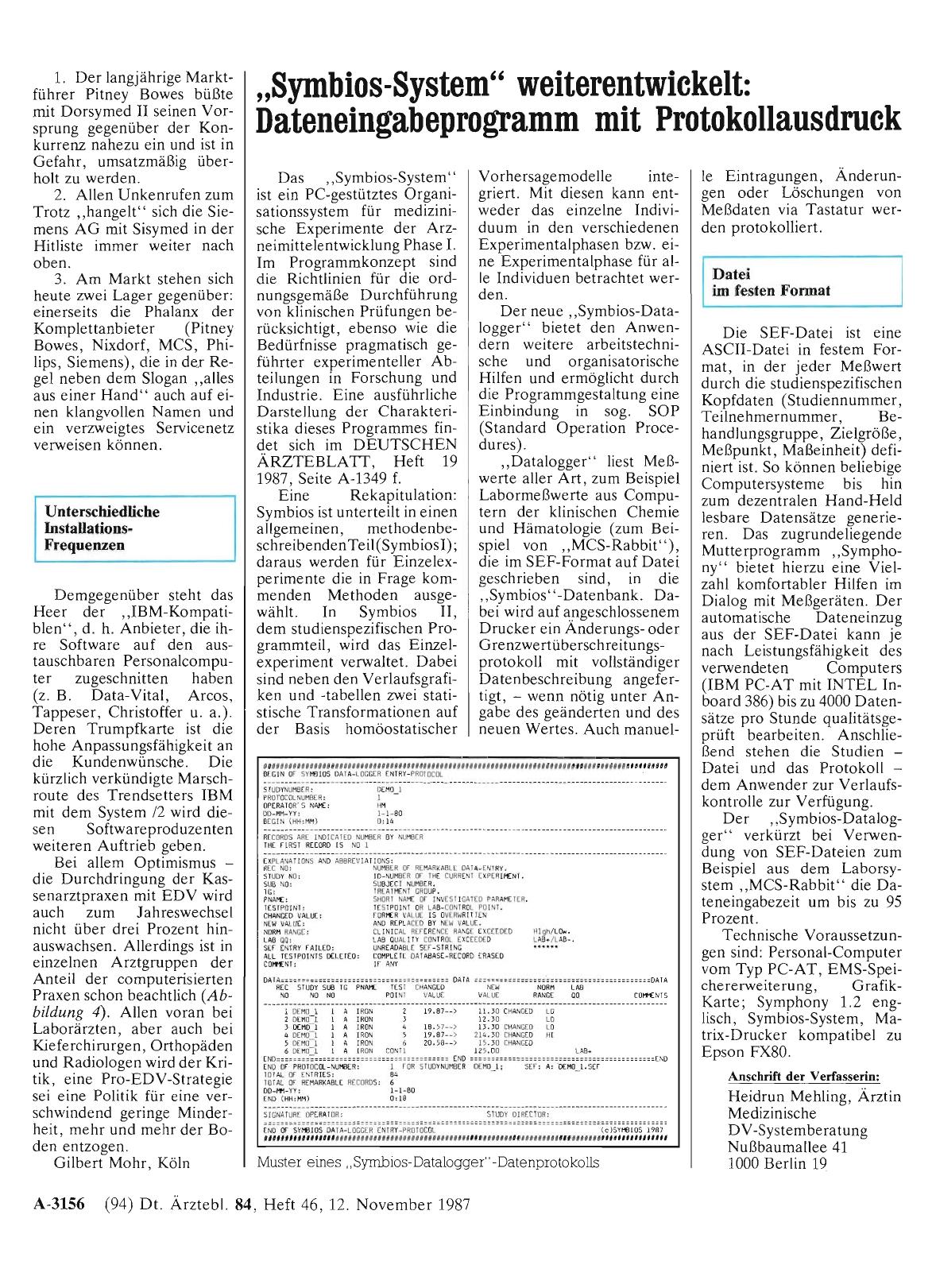 Vorschauseite 1: „Symbios-System“ weiterentwickelt: Dateneingabeprogramm mit Protokollausdruck