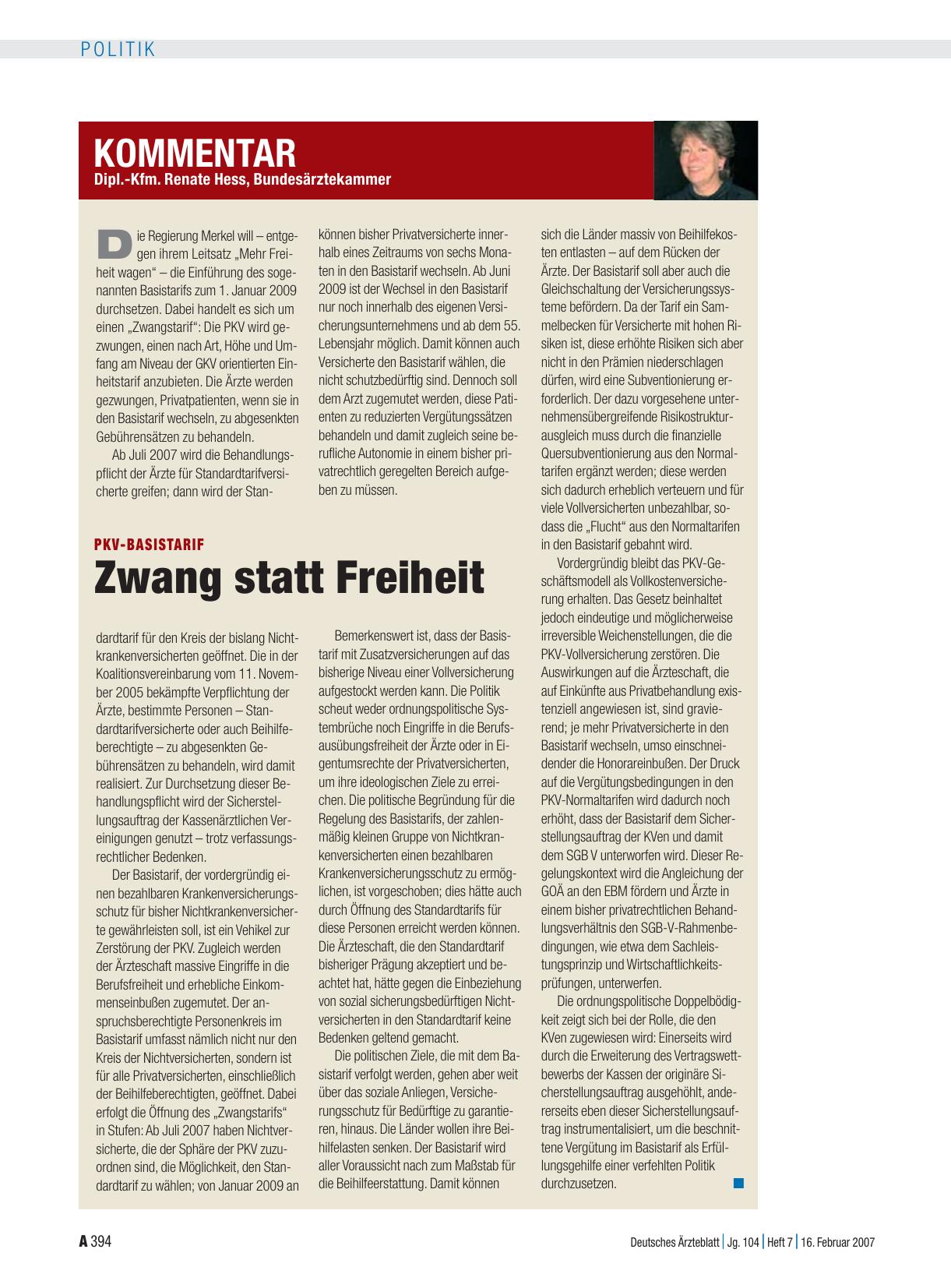 Vorschauseite 1: PKV-Basistarif: Zwang statt Freiheit