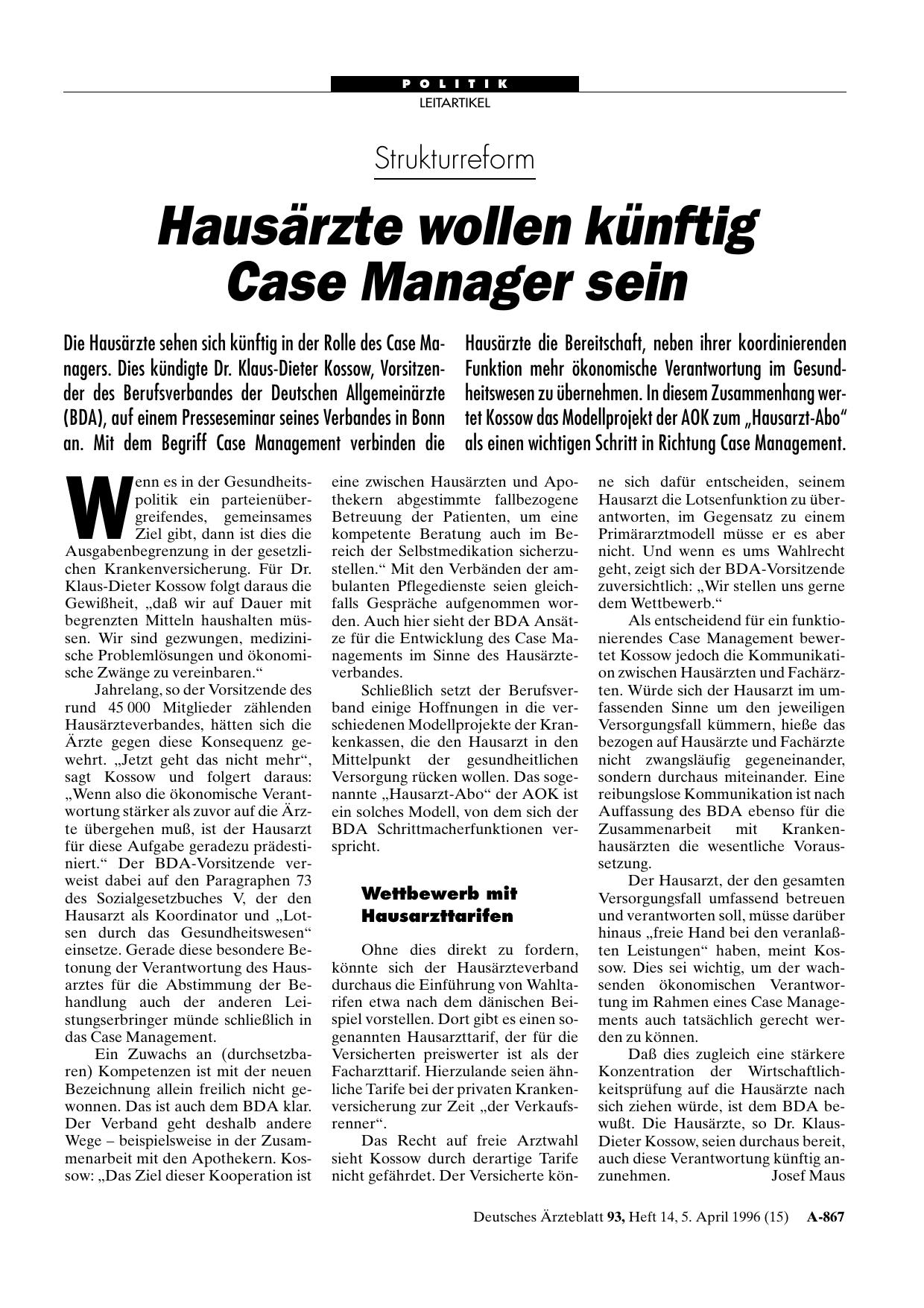 Vorschauseite 1: Strukturreform: Hausärzte wollen künftig Case Manager sein