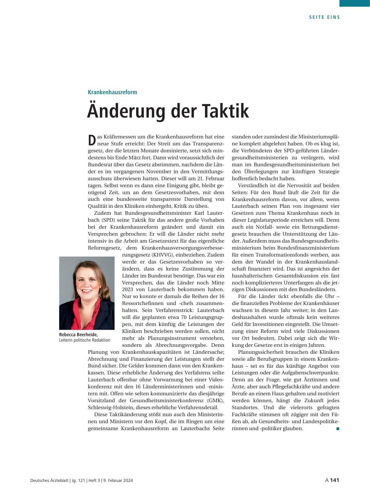 Vorschauseite 1: Krankenhausreform: Änderung der Taktik