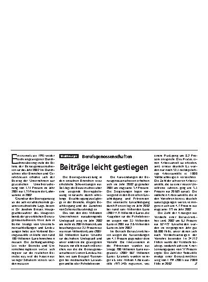 Vorschauseite 1: Berufsgenossenschaften: Beiträge leicht gestiegen