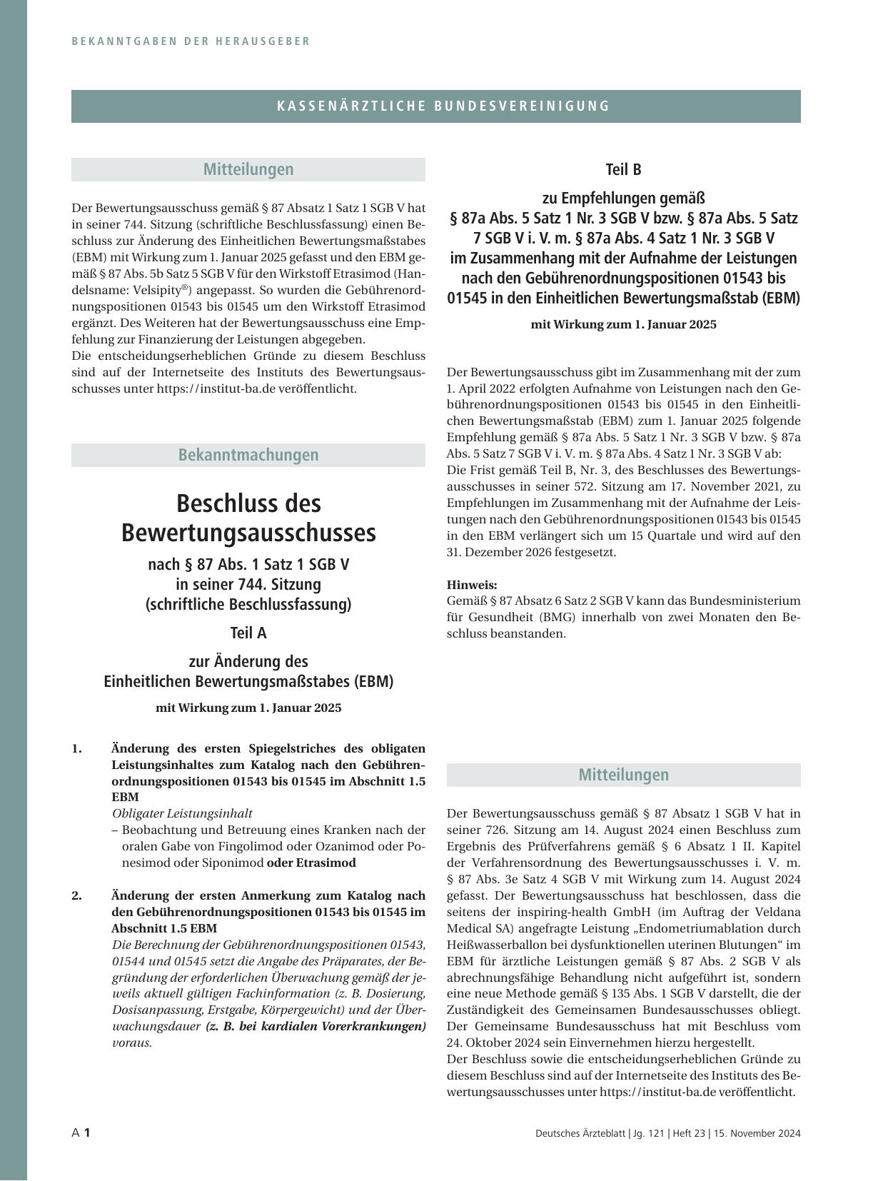 Vorschauseite 1: Beschluss des Bewertungsausschusses nach § 87 Abs. 1 Satz 1 SGB V in seiner 744. Sitzung (schriftliche Beschlussfassung)