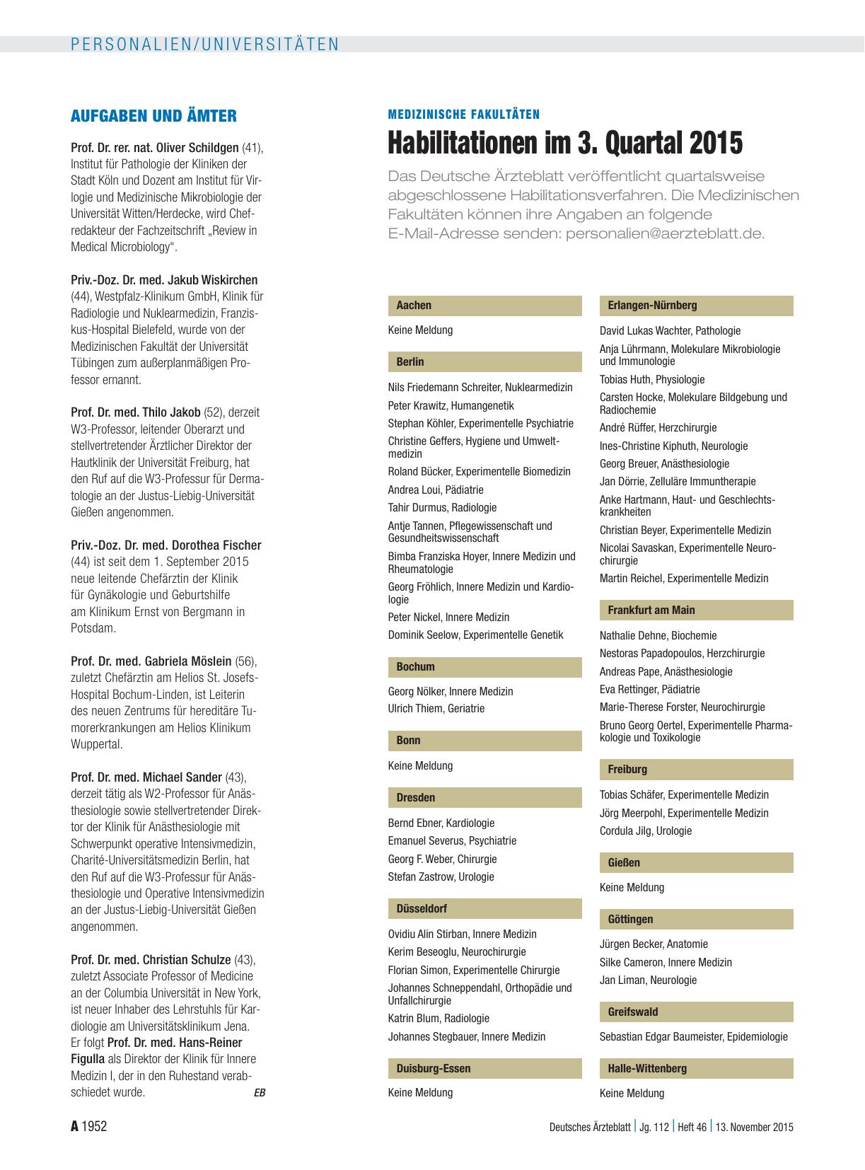 Vorschauseite 1: Medizinische Fakultäten: Habilitationen im 3. Quartal 2015
