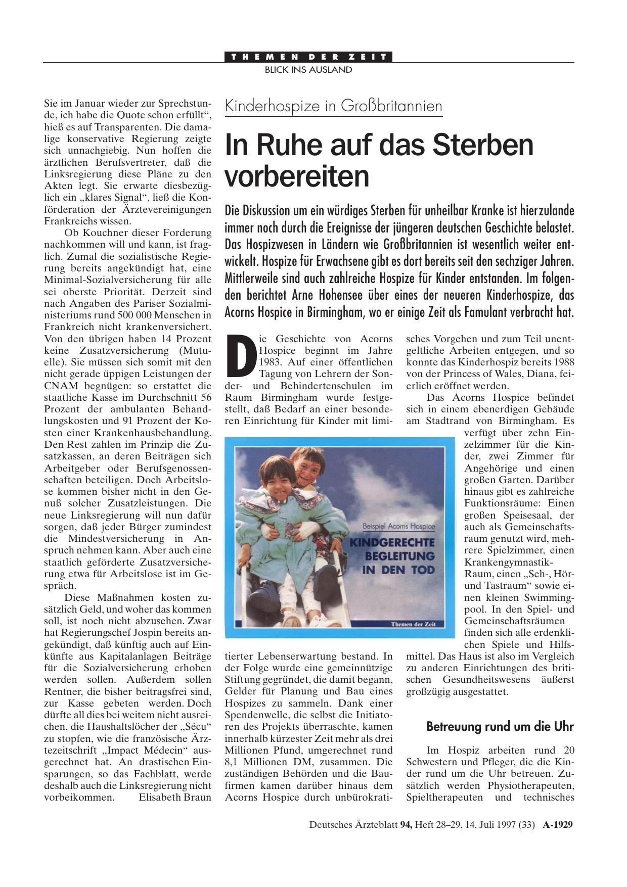 Vorschauseite 1: Kinderhospize in Großbritannien: In Ruhe auf das Sterben vorbereiten