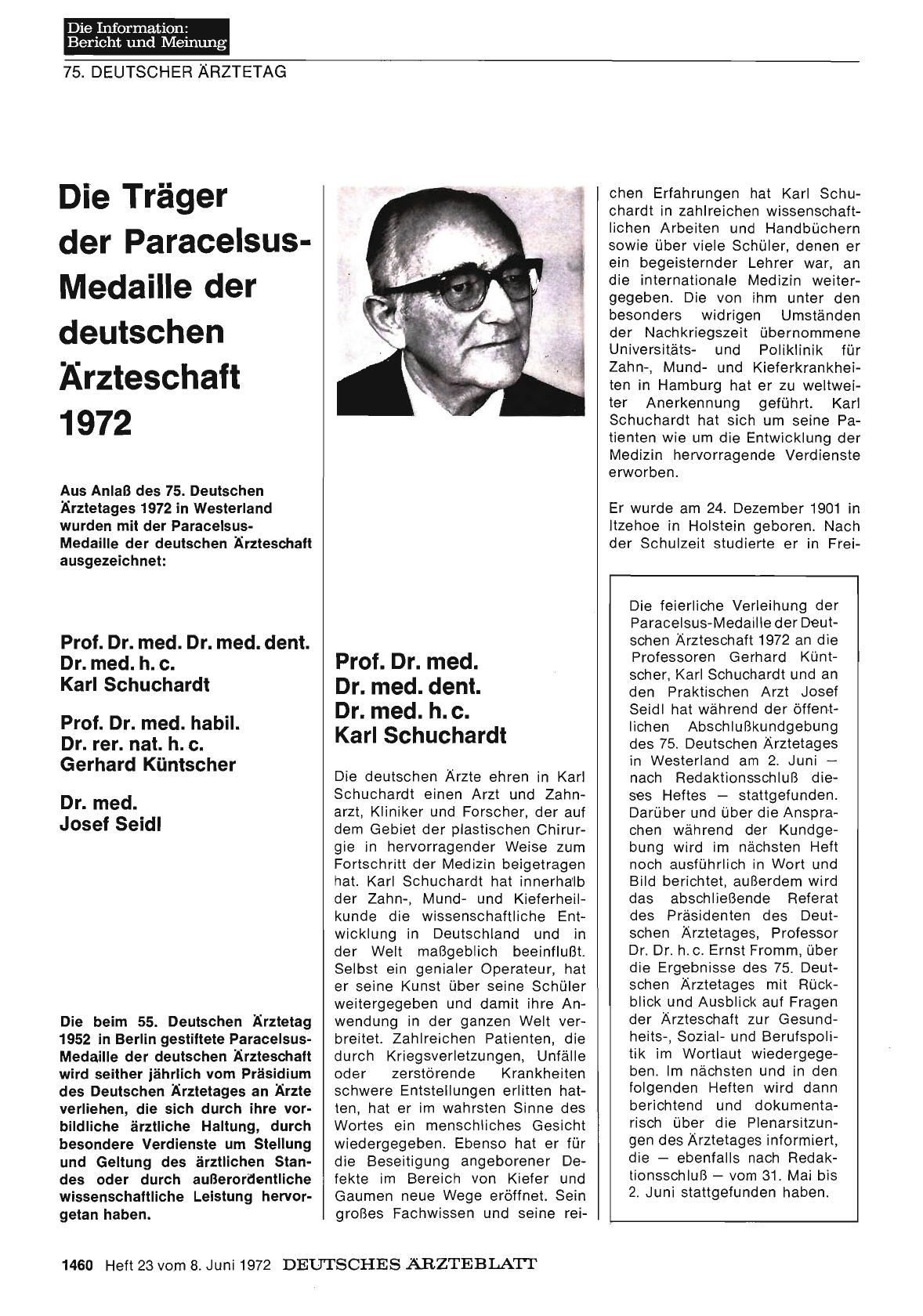 Vorschauseite 1: Die Träger der ParacelsusMedaille der deutschen Ärzteschaft 1972