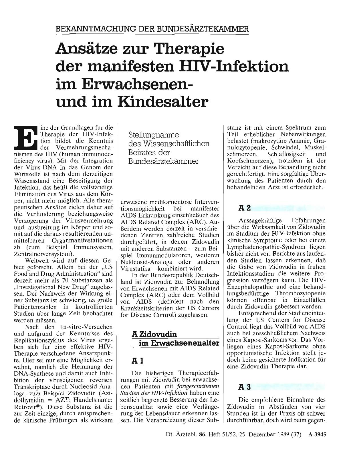 Vorschauseite 1: BEKANNTMACHUNG DER BUNDESÄRZTEKAMMER: Ansätze zur Therapie der manifesten HIV-Infektion im Erwachsenenund im Kindesalter