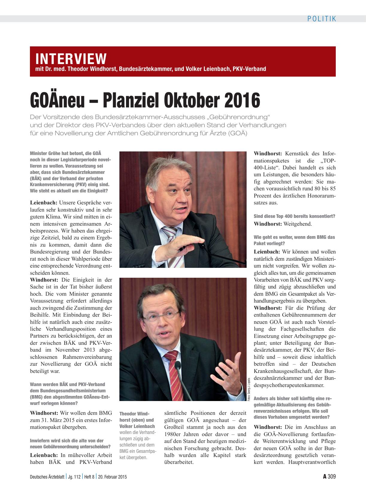 Vorschauseite 1: Interview mit Dr. med. Theodor Windhorst, Bundesärztekammer, und Volker Leienbach, PKV-Verband: GOÄneu – Planziel Oktober 2016