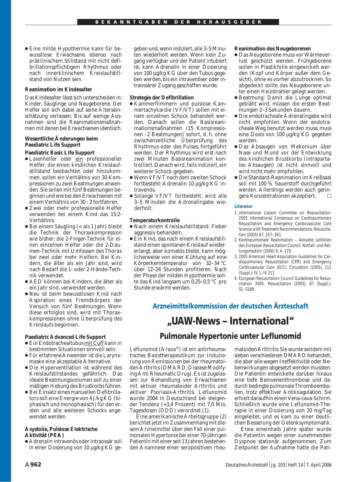 Vorschauseite 1: Arzneimittelkommission der deutschen Ärzteschaft „UAW-News – International“: Pulmonale Hypertonie unter Leflunomid