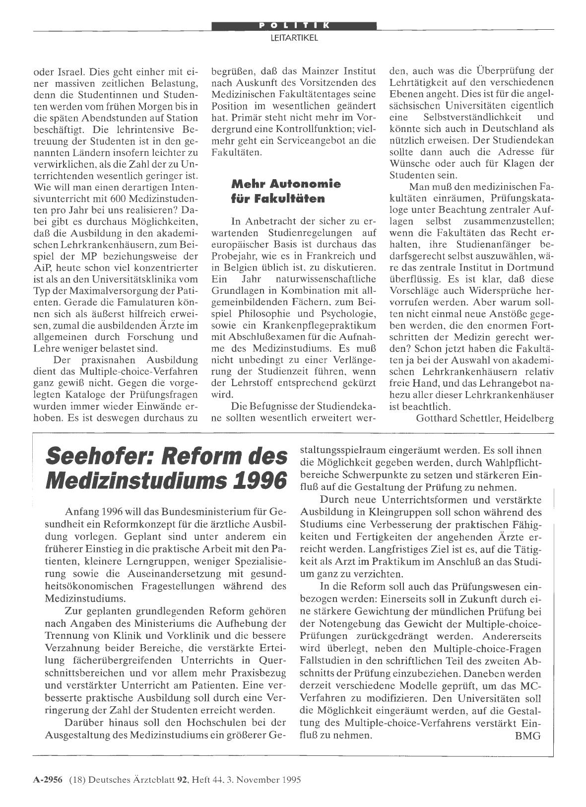 Vorschauseite 1: Seehofer: Reform des Medizinstudiums 1996