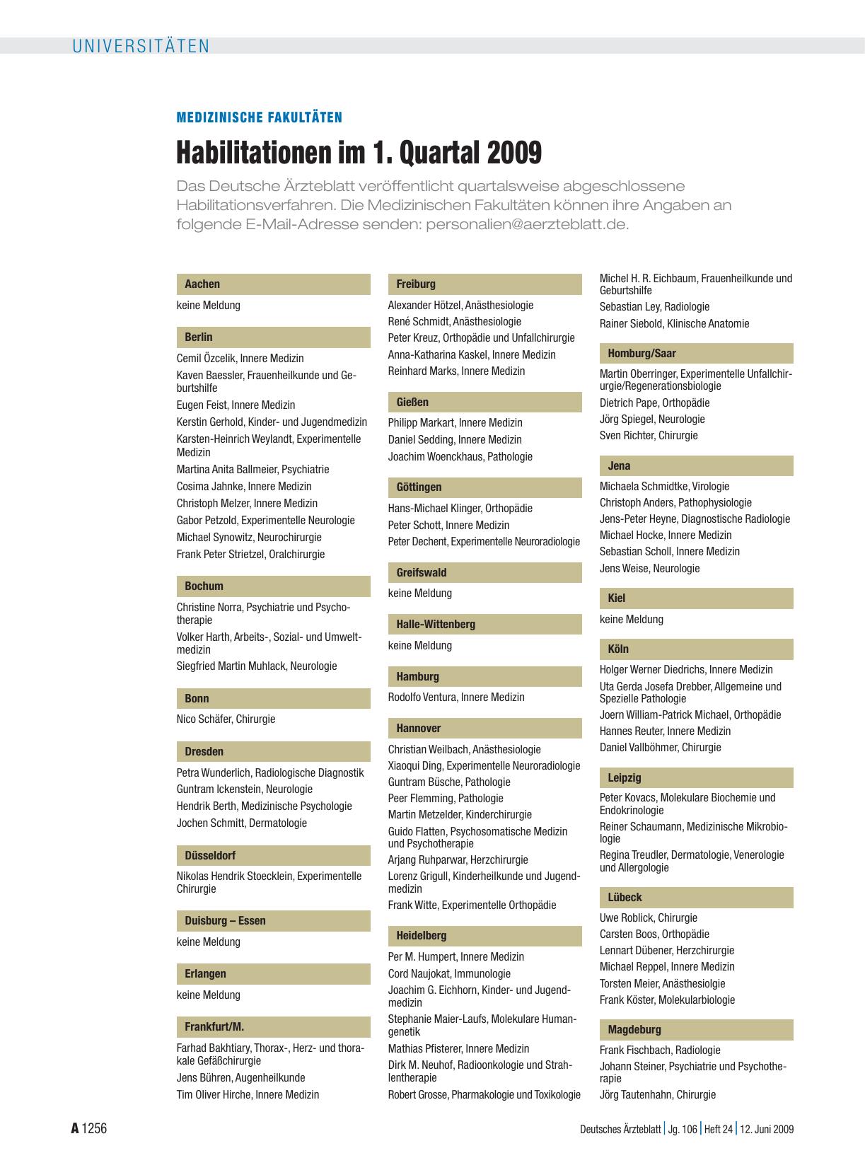 Vorschauseite 1: Medizinische Fakultäten: Habilitationen im 1. Quartal 2009