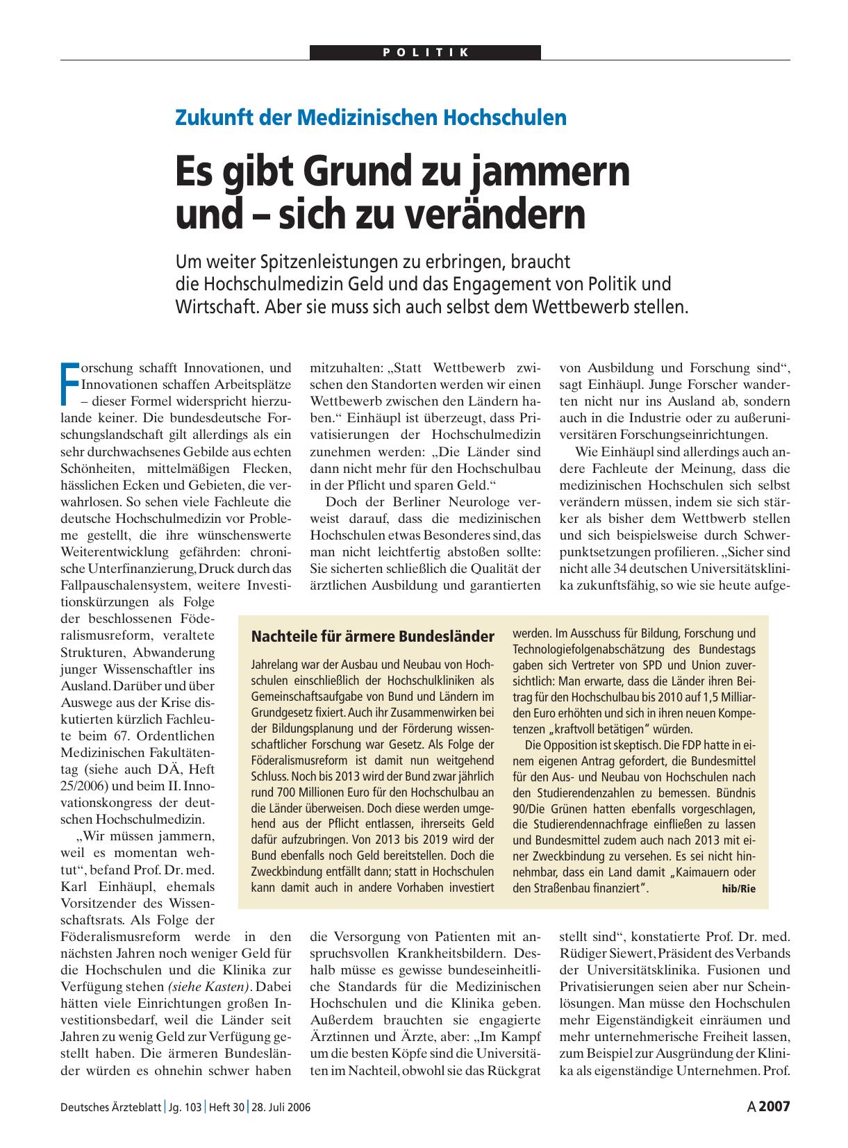 Vorschauseite 1: Zukunft der Medizinischen Hochschulen: Es gibt Grund zu jammern und – sich zu verändern