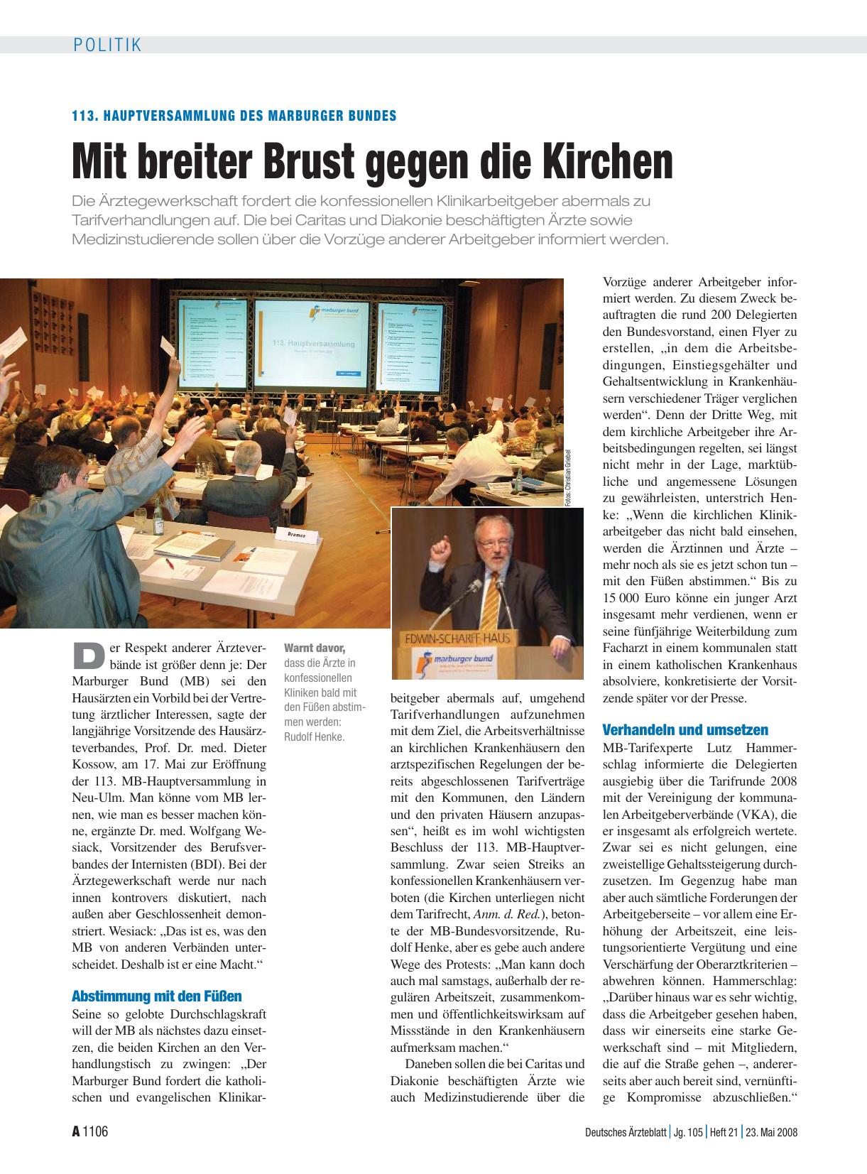 Vorschauseite 1: 113. Hauptversammlung des Marburger Bundes: Mit breiter Brust gegen die Kirchen