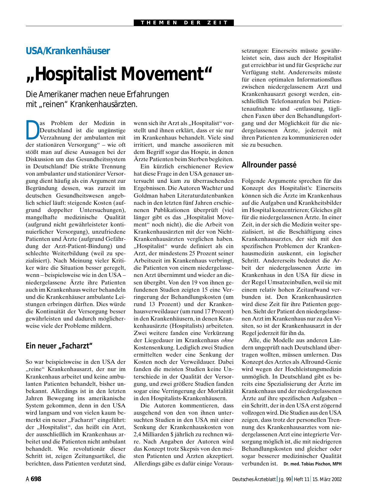 Vorschauseite 1: USA/Krankenhäuser: „Hospitalist Movement“