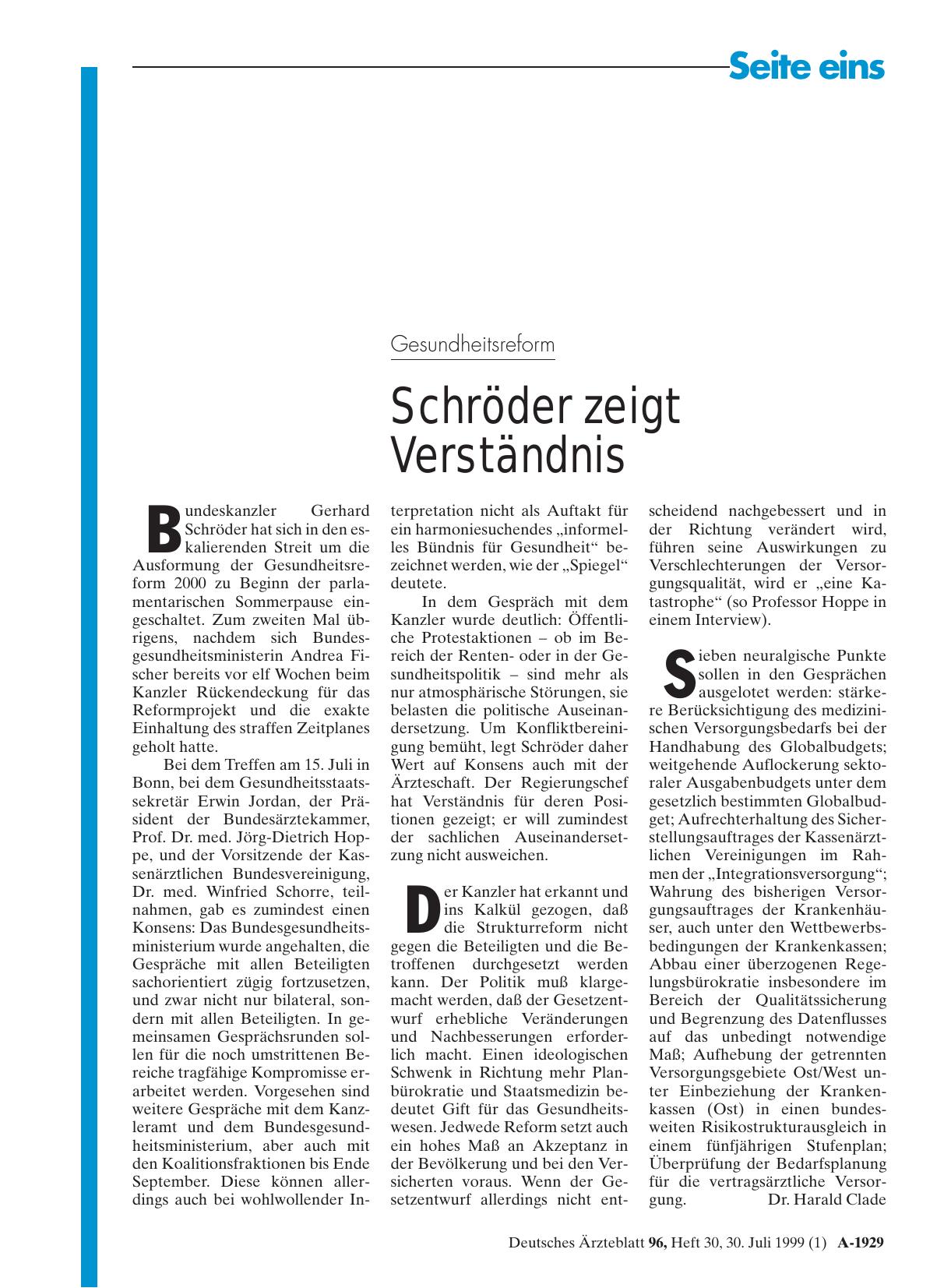 Vorschauseite 1: Gesundheitsreform: Schröder zeigt Verständnis