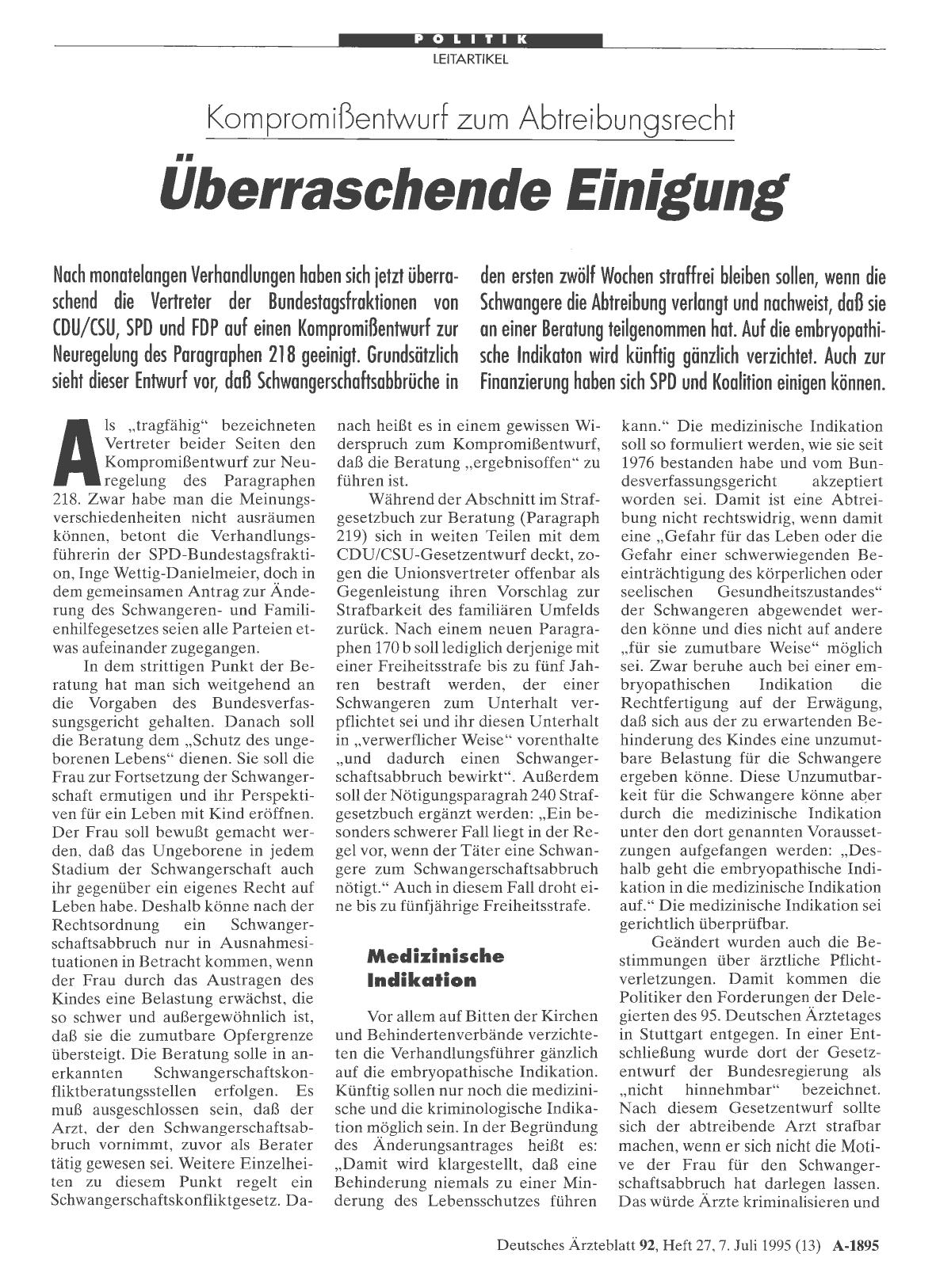Vorschauseite 1: Kompromißentwurf zum Abtreibungsrecht: Überraschende Einigung