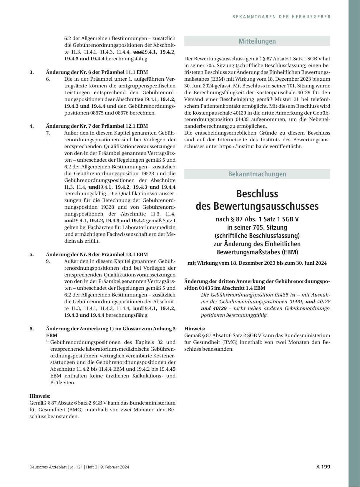 Vorschauseite 1: Beschluss des Bewertungsausschusses nach § 87 Abs. 1 Satz 1 SGB V in seiner 705. Sitzung (schriftliche Beschlussfassung) zur Änderung des Einheitlichen Bewertungsmaßstabes (EBM)