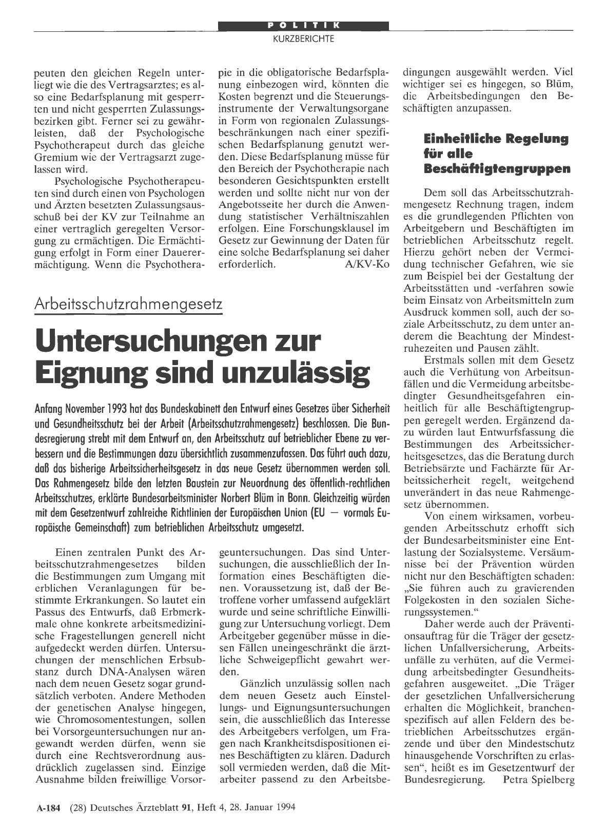 Vorschauseite 1: Arbeitsschutzrahmengesetz: Untersuchungen zur Eignung sind unzulässig