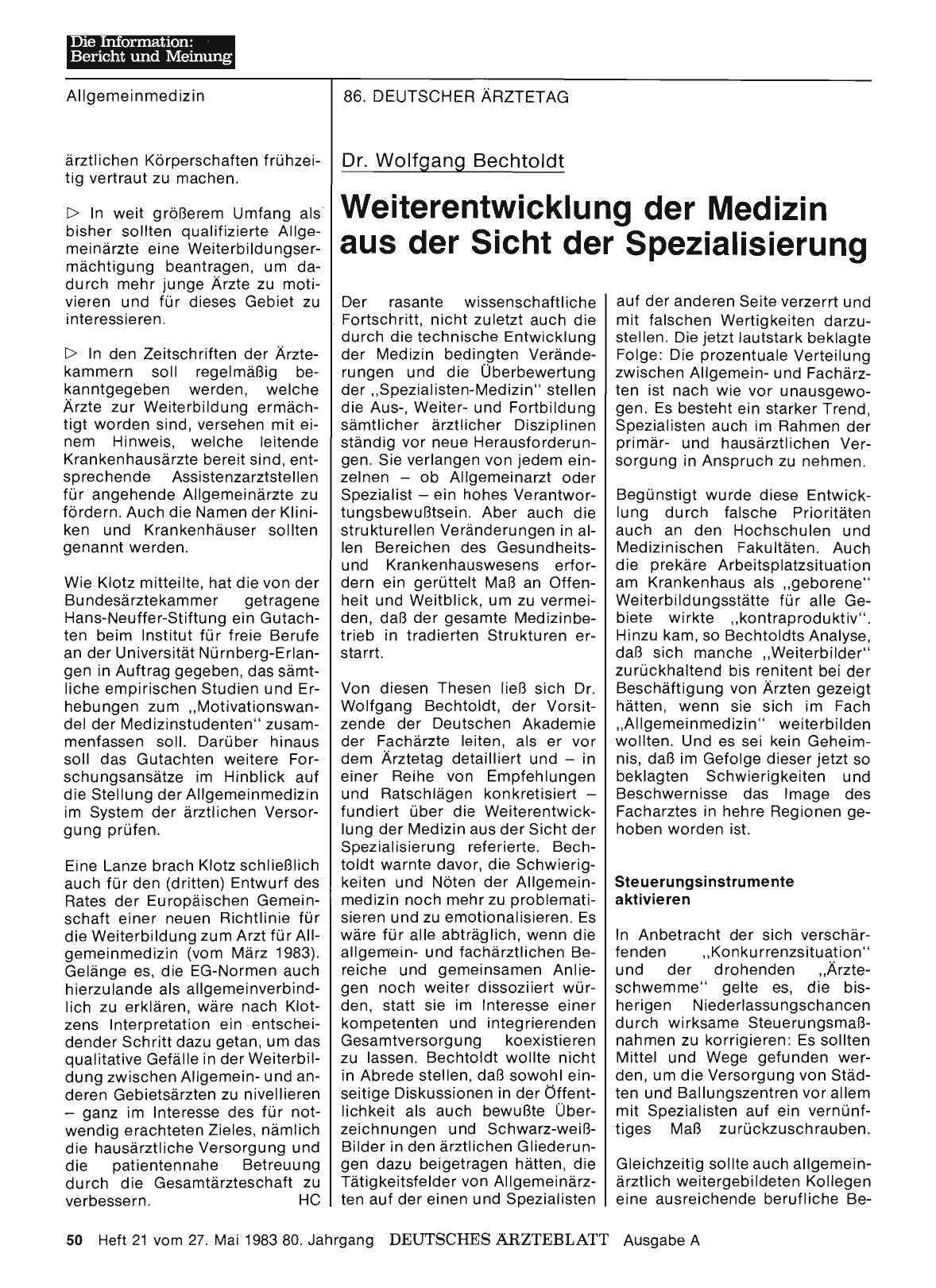 Vorschauseite 1: Dr. Wolfgang Bechtoldt: Weiterentwicklung der Medizin aus der Sicht der Spezialisierung