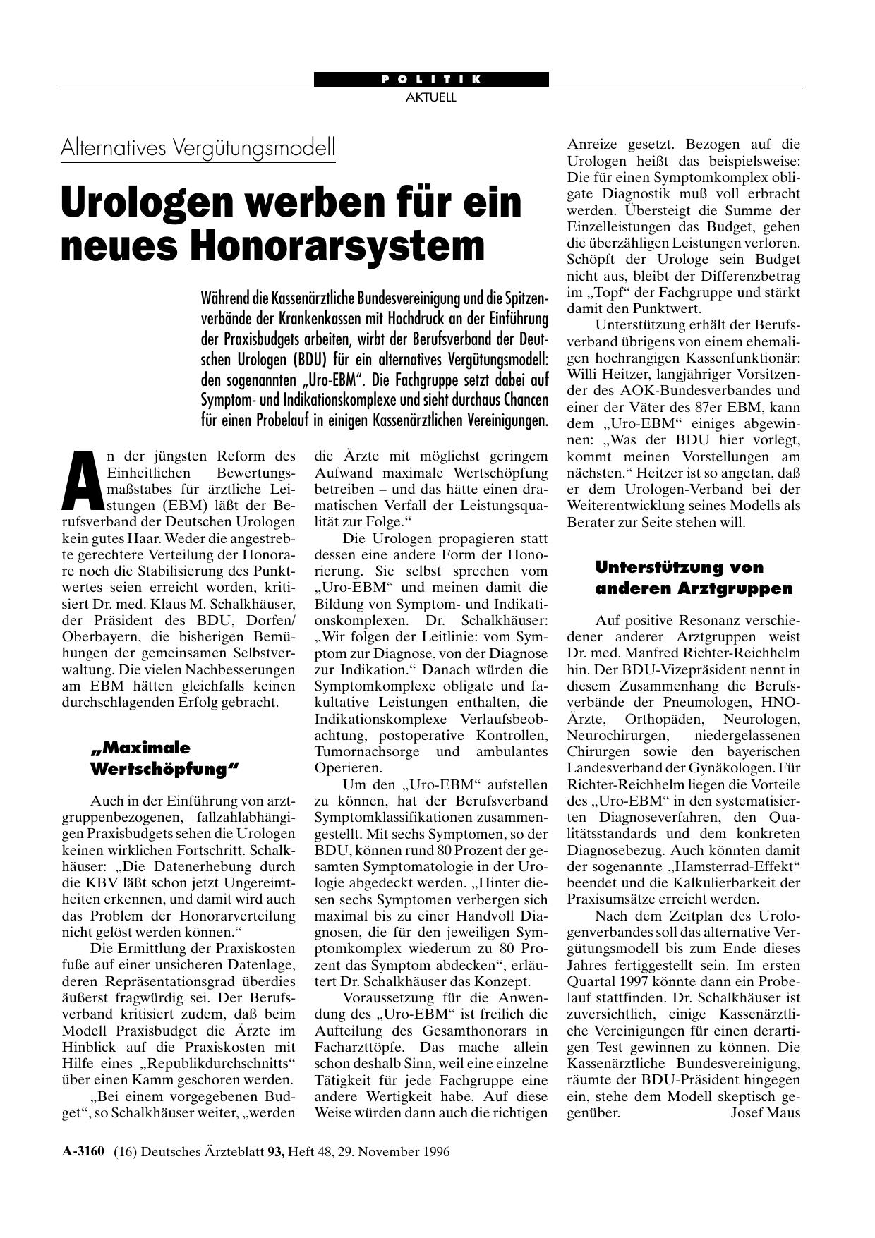Vorschauseite 1: Alternatives Vergütungsmodell: Urologen werben für ein neues Honorarsystem