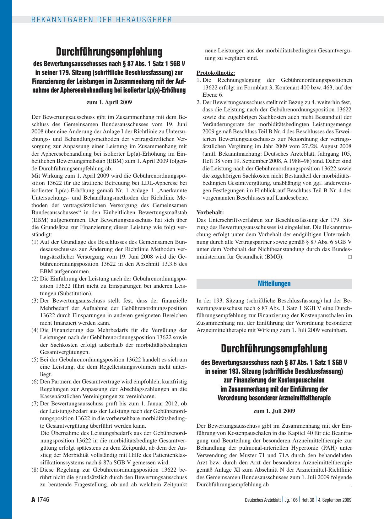 Vorschauseite 1: Durchführungsempfehlung des Bewertungsausschuss nach § 87 Abs. 1 Satz 1 SGB V in seiner 193. Sitzung (schriftliche Beschlussfassung) zur Finanzierung der Kostenpauschalen im Zusam…