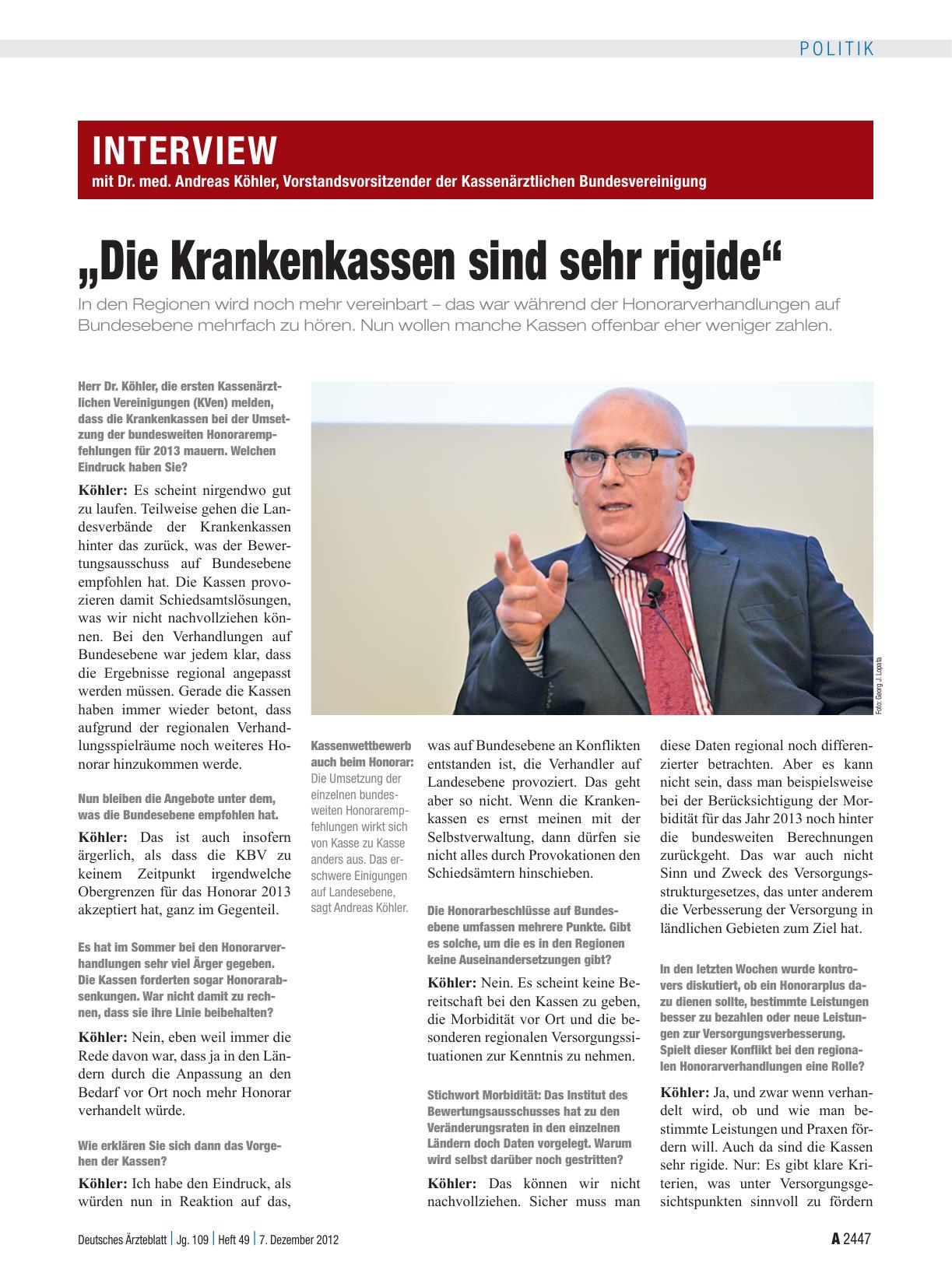 Vorschauseite 1: Interview mit Dr. med. Andreas Köhler, Vorstandsvorsitzender der Kassenärztlichen Bundesvereinigung: „Die Krankenkassen sind sehr rigide“