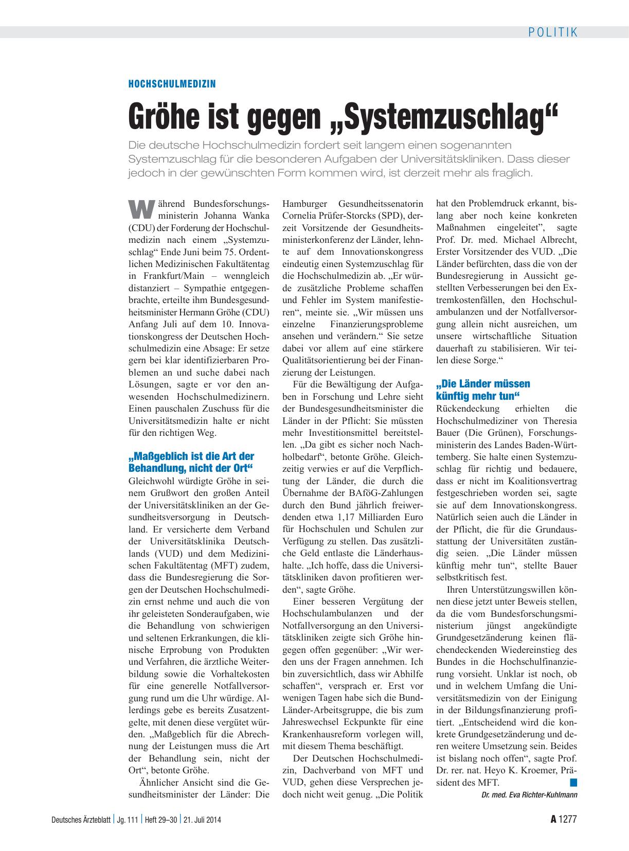 Vorschauseite 1: Hochschulmedizin: Gröhe ist gegen „Systemzuschlag“