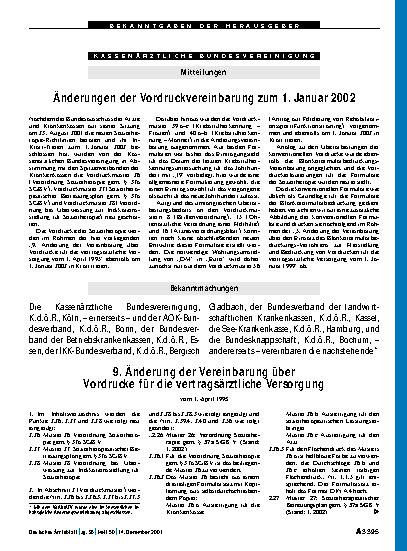 Vorschauseite 1: Bekanntmachungen: 9. Änderung der Vereinbarung über Vordrucke für die vertragsärztliche Versorgung