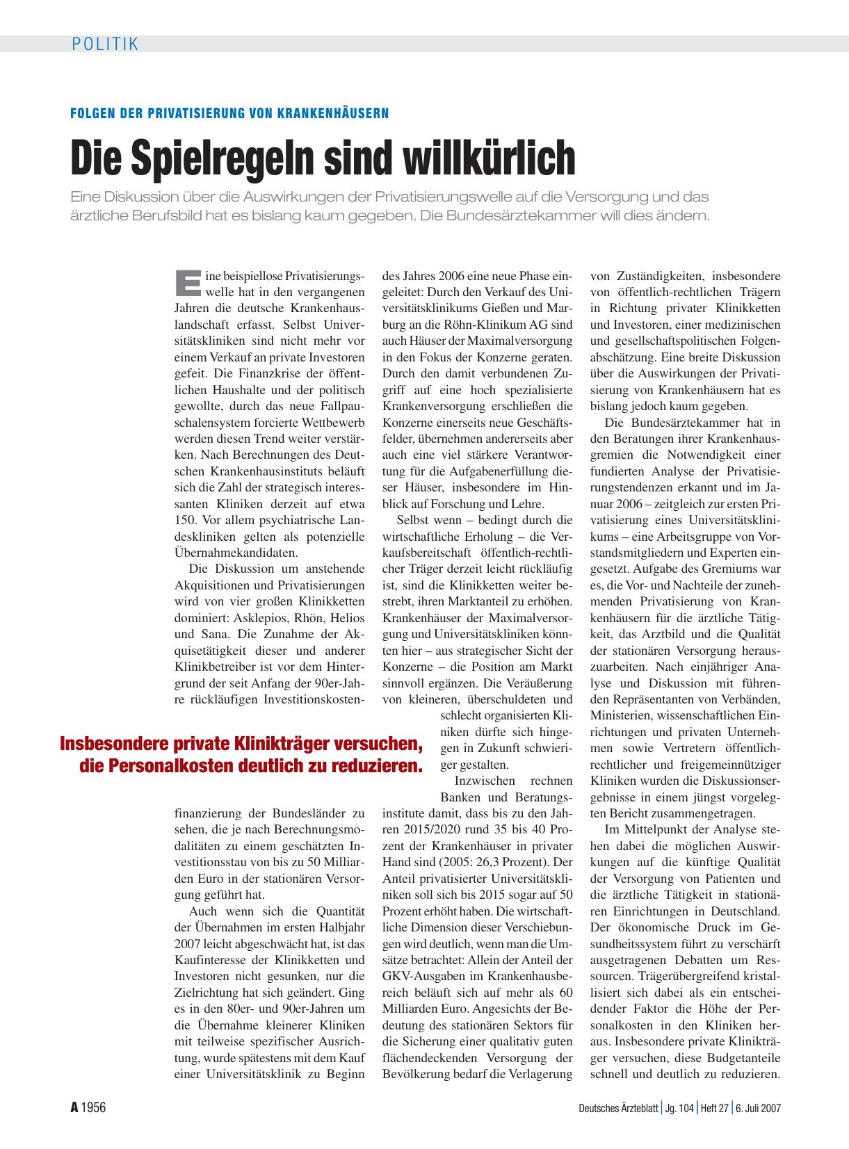 Vorschauseite 1: Folgen der Privatisierung von Krankenhäusern: Die Spielregeln sind willkürlich